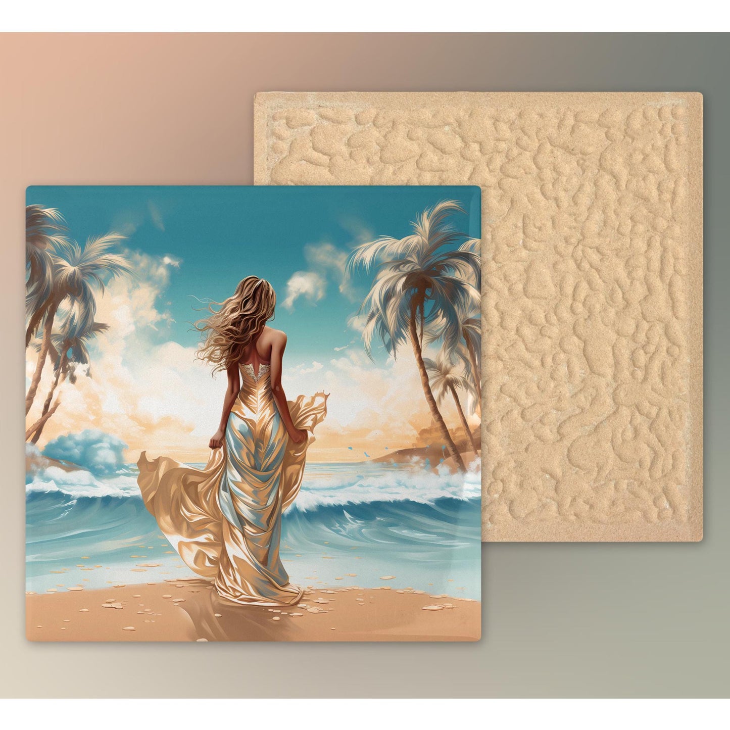 Sunny Beach Ceramic Art Tile, Seascape Ocean Views with Woman on the Beach, Ideal Decor for Coastal Aesthetic Gift
