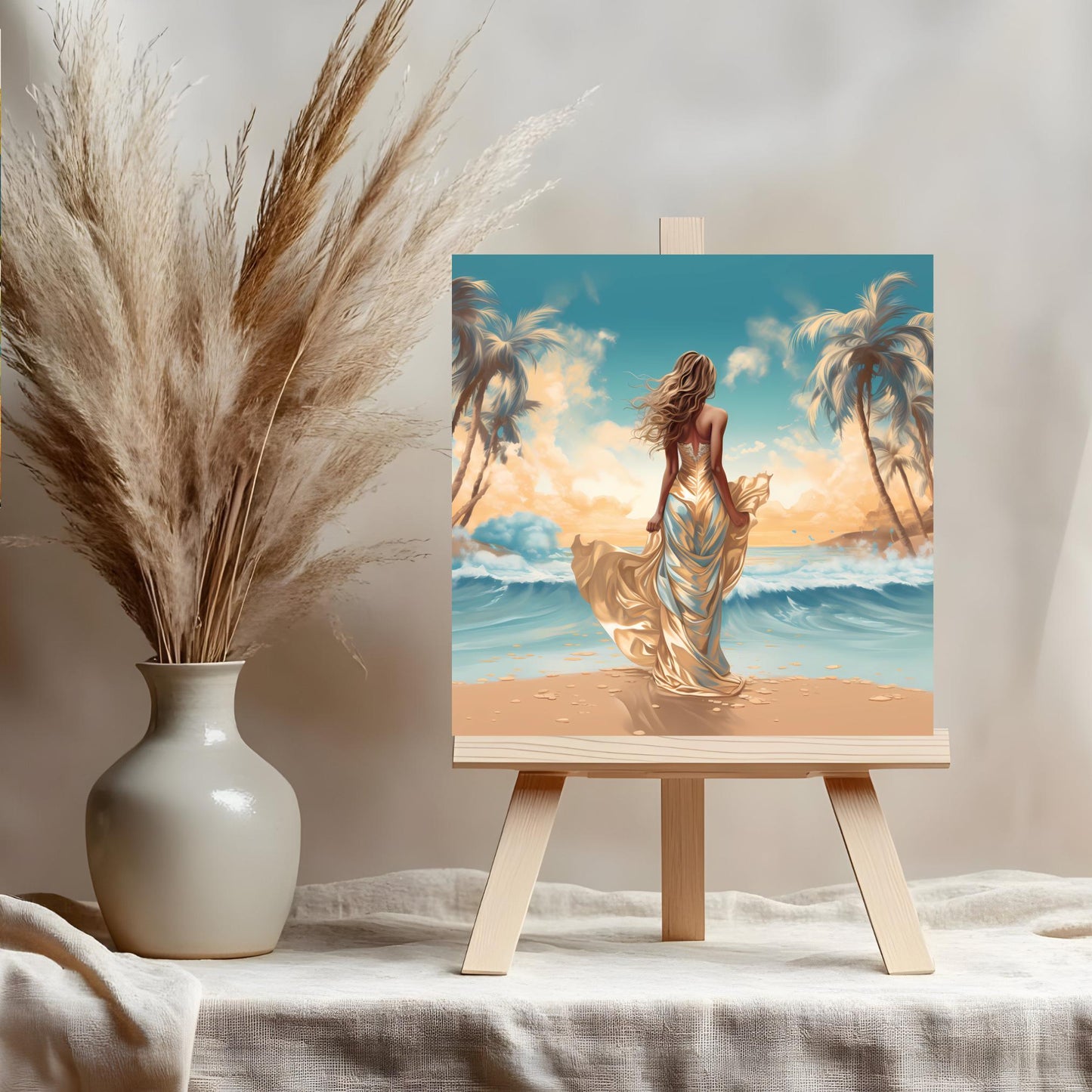 Sunny Beach Ceramic Art Tile, Seascape Ocean Views with Woman on the Beach, Ideal Decor for Coastal Aesthetic Gift