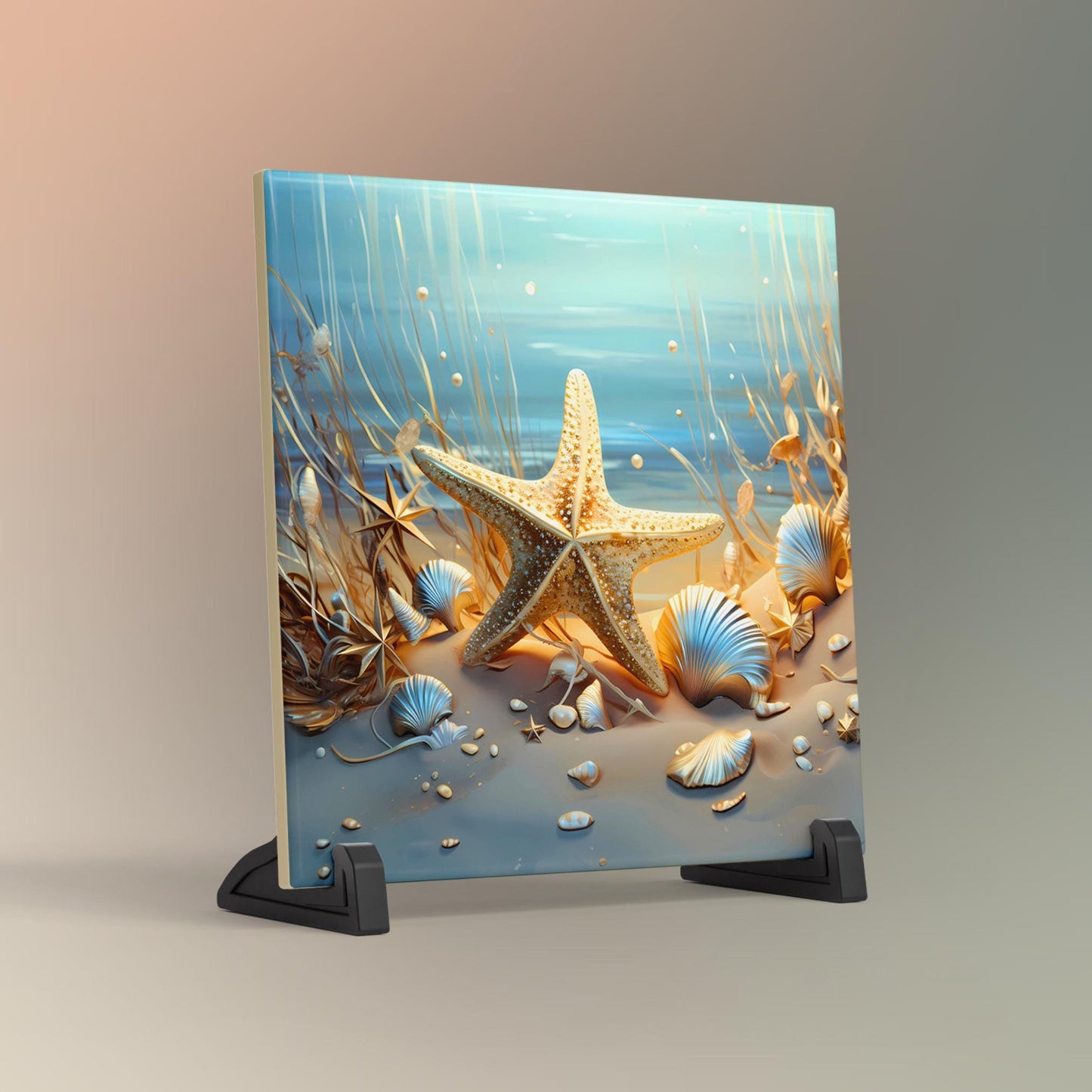Beautiful Coastal Ceramic Art Tile - Starfish and Seashells Ocean Wall Decor - Gift for Beach and Ocean Lovers