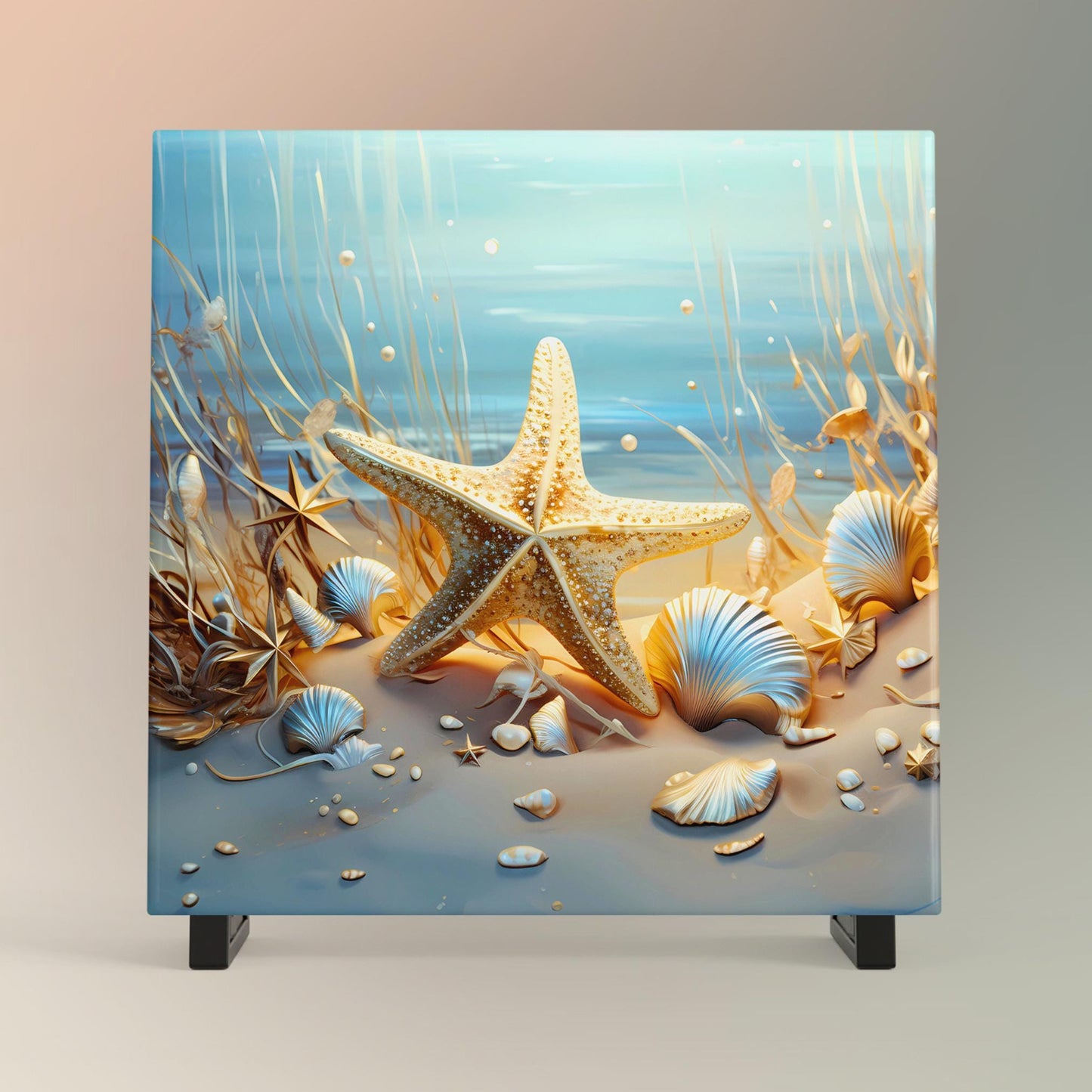 Beautiful Coastal Ceramic Art Tile - Starfish and Seashells Ocean Wall Decor - Gift for Beach and Ocean Lovers