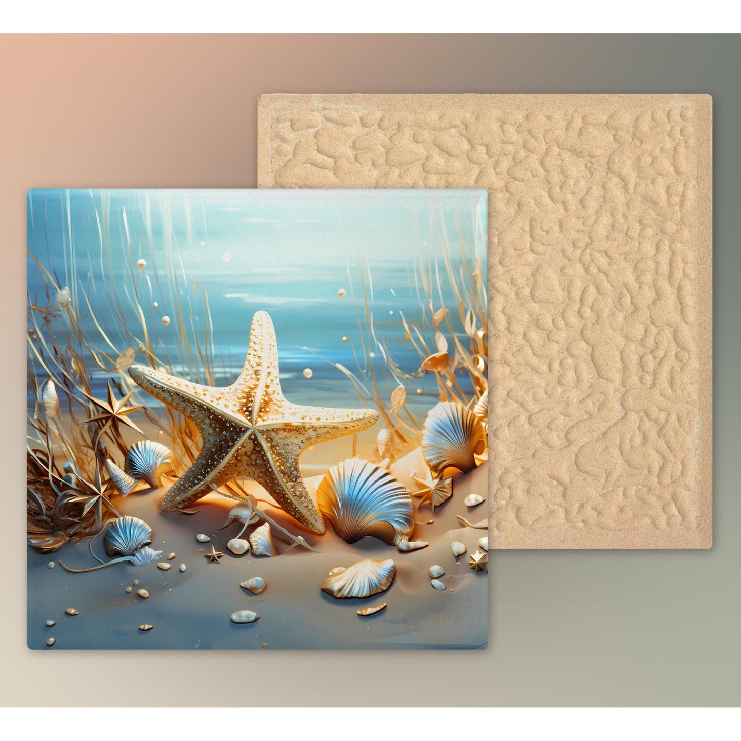 Beautiful Coastal Ceramic Art Tile - Starfish and Seashells Ocean Wall Decor - Gift for Beach and Ocean Lovers