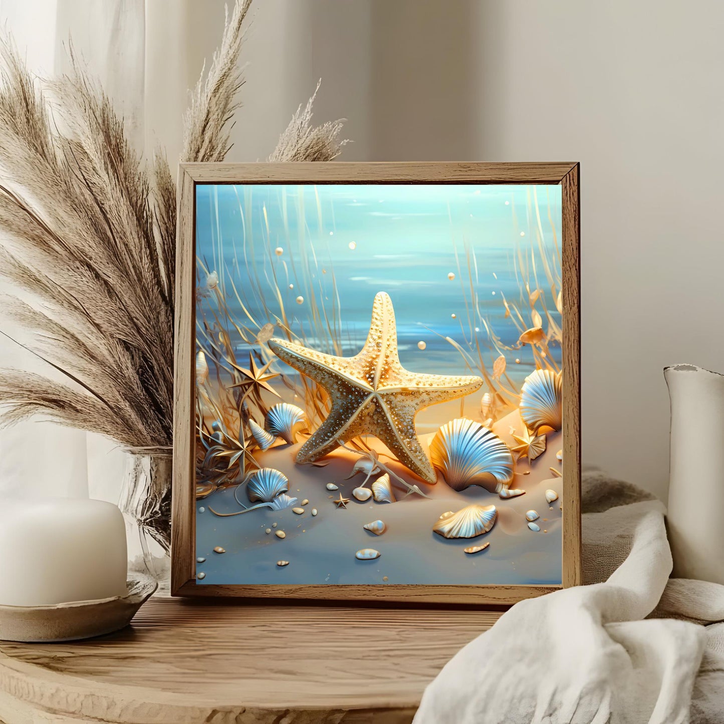 Beautiful Coastal Ceramic Art Tile - Starfish and Seashells Ocean Wall Decor - Gift for Beach and Ocean Lovers