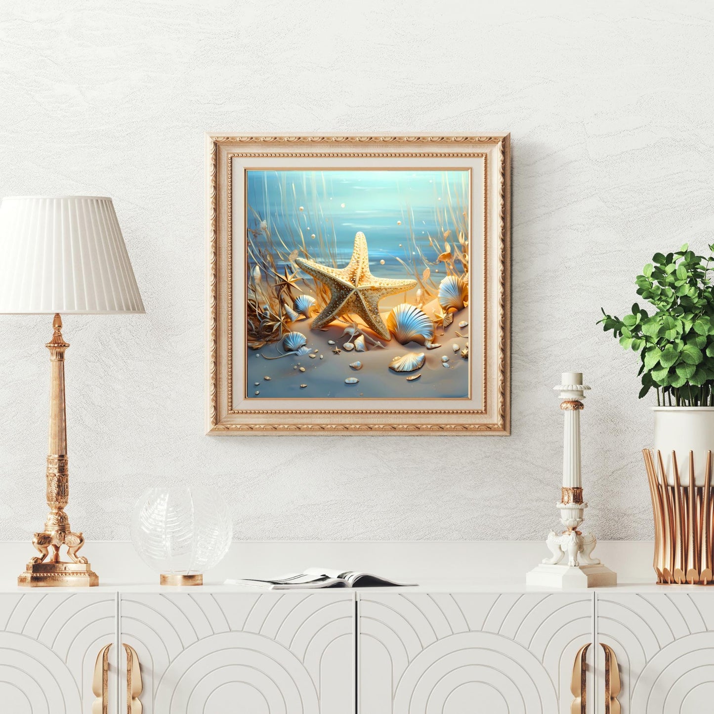 Beautiful Coastal Ceramic Art Tile - Starfish and Seashells Ocean Wall Decor - Gift for Beach and Ocean Lovers