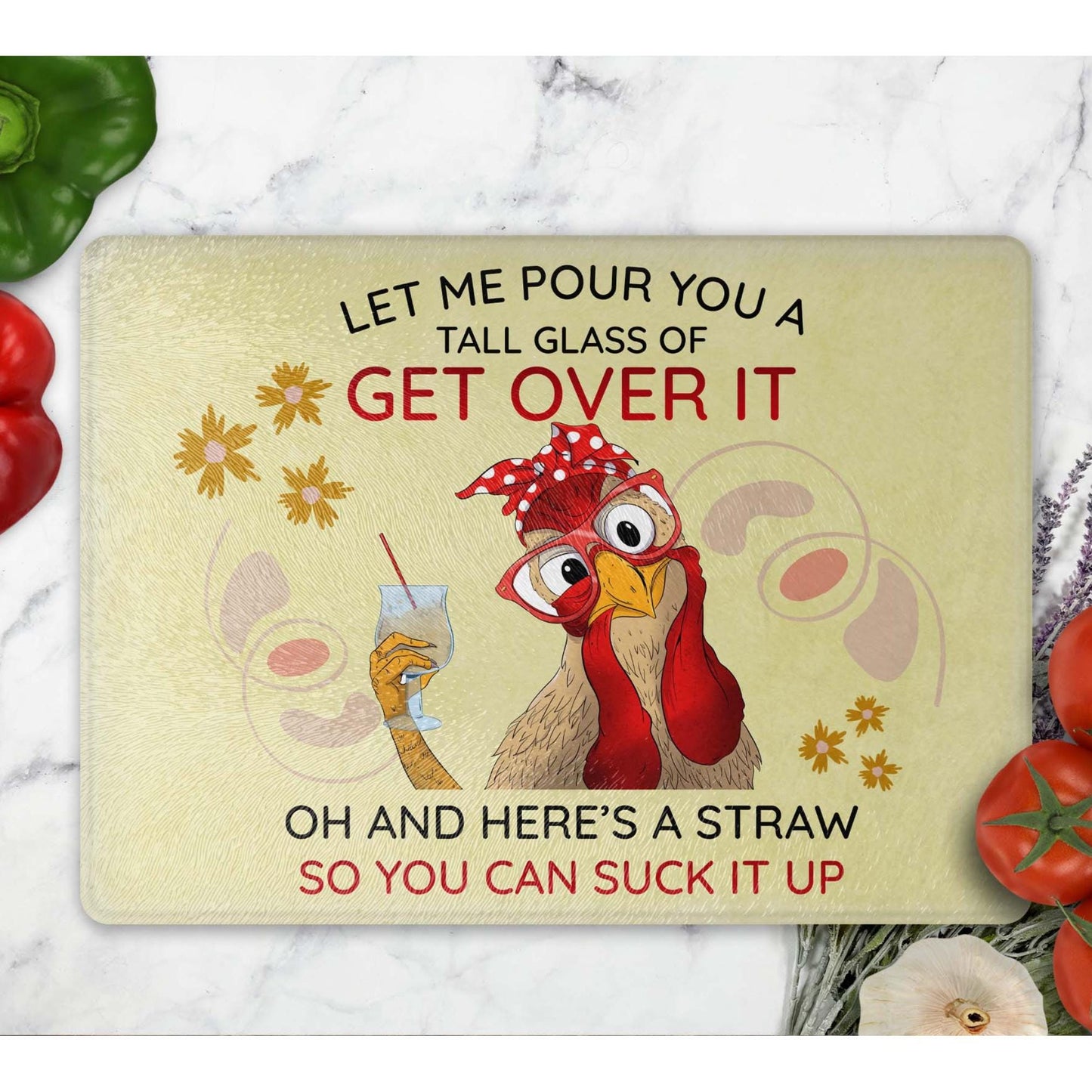 Glass Cutting Board - Quirky Sarcastic Chicken Tempered Glass Chopping Board for Cheese & Charcuterie, Functional Kitchen Art - Home Decor