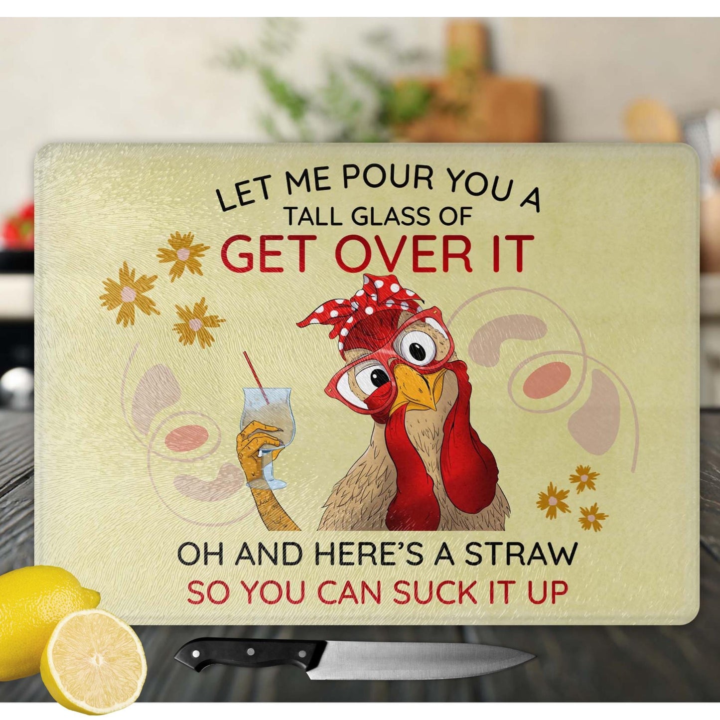 Glass Cutting Board - Quirky Sarcastic Chicken Tempered Glass Chopping Board for Cheese & Charcuterie, Functional Kitchen Art - Home Decor