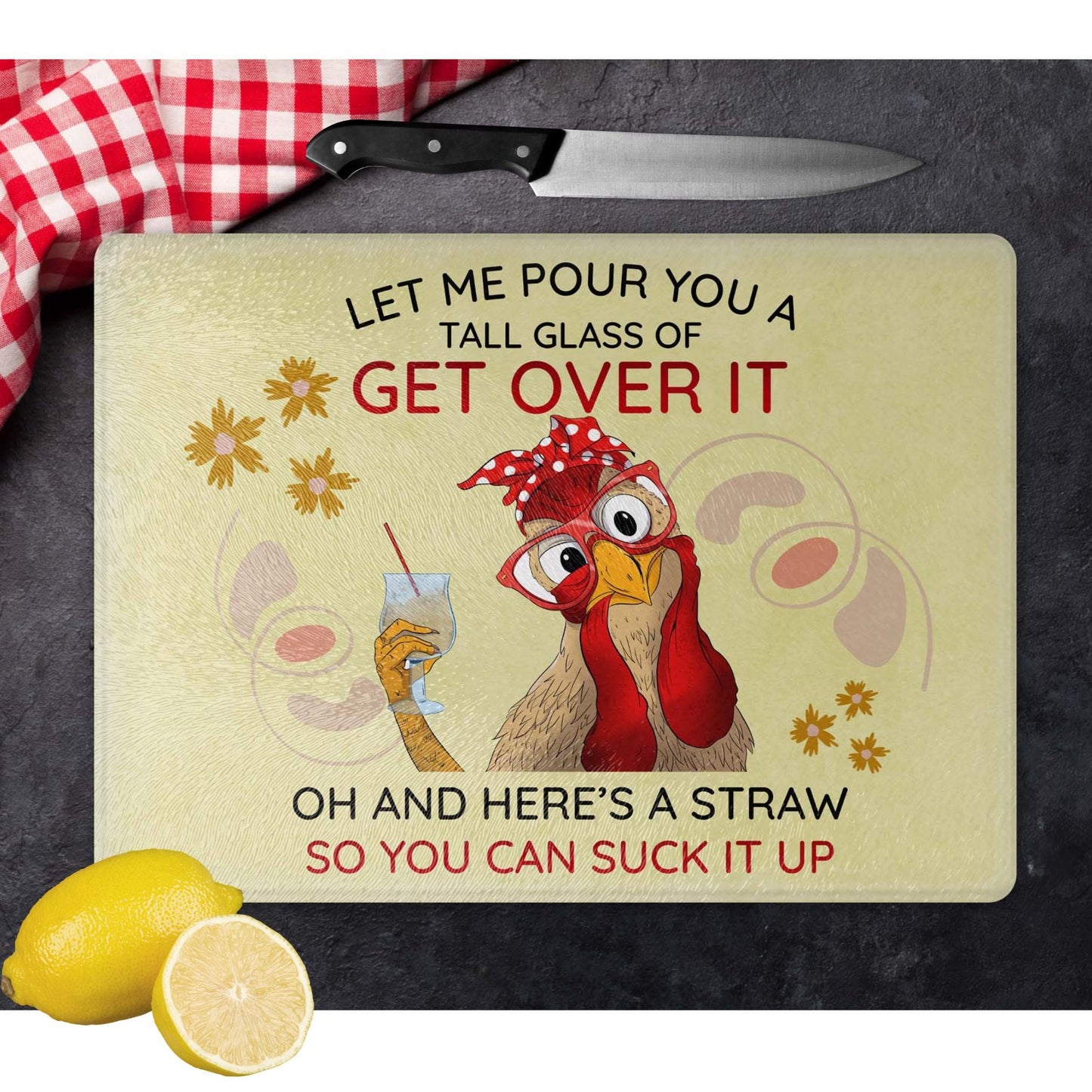 Glass Cutting Board - Quirky Sarcastic Chicken Tempered Glass Chopping Board for Cheese & Charcuterie, Functional Kitchen Art - Home Decor