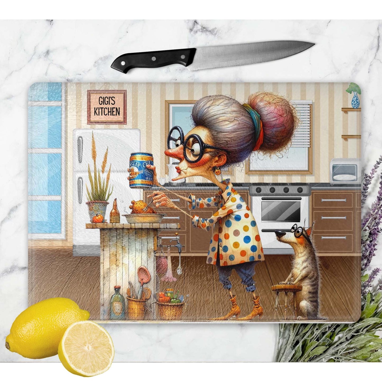 Quirky Grandma's Kitchen Glass Cutting Board, Stunning Tempered Glass Serving Tray for Charcuterie, Funny Home Decor Gift from Grandkids