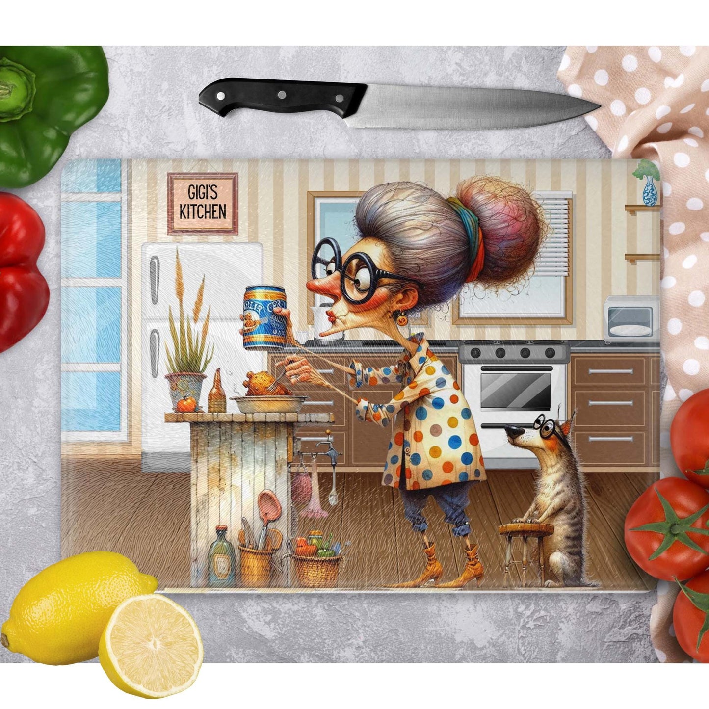 Quirky Grandma's Kitchen Glass Cutting Board, Stunning Tempered Glass Serving Tray for Charcuterie, Funny Home Decor Gift from Grandkids