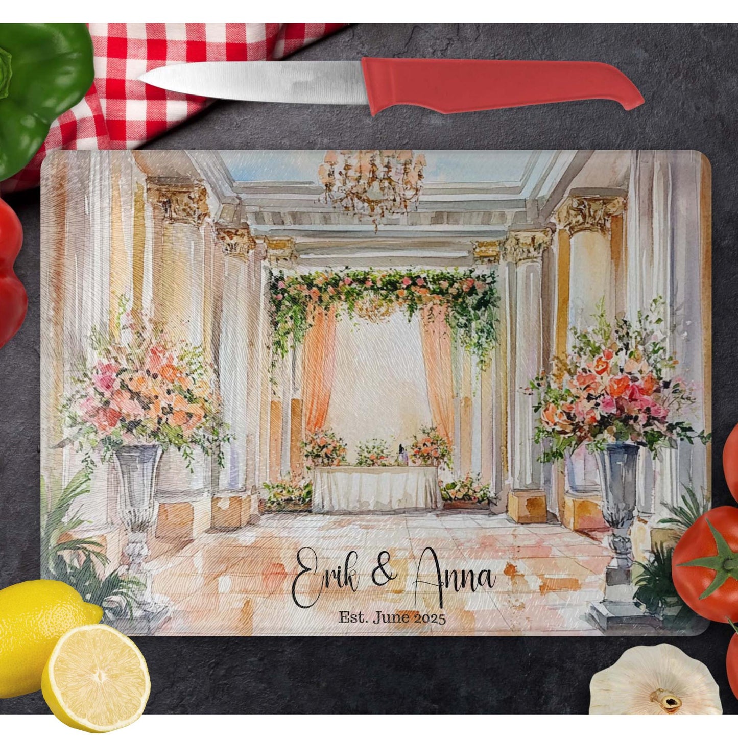 Decorative Glass Anniversary Cutting Board - Personalized Name Chopping Block for Newlyweds, Charcuterie Gift, Unique Kitchen Decor