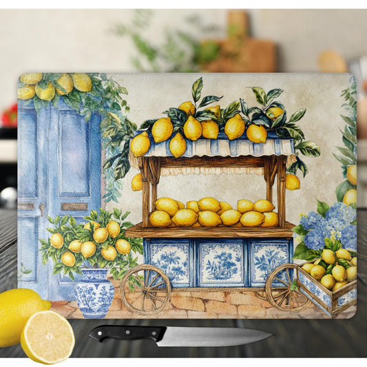 Whimsical Lemon Personalized Cutting Board - Mediterranean Tempered Glass Chopping Board for Cheese & Charcuterie, Functional Kitchen Art