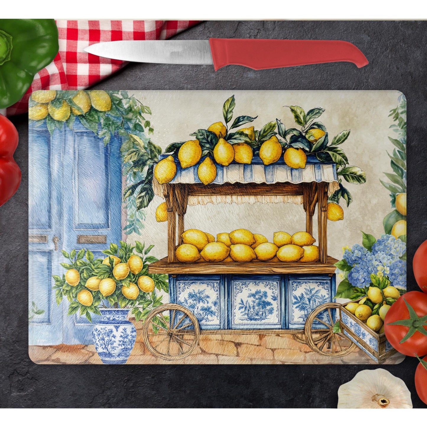 Whimsical Lemon Personalized Cutting Board - Mediterranean Tempered Glass Chopping Board for Cheese & Charcuterie, Functional Kitchen Art