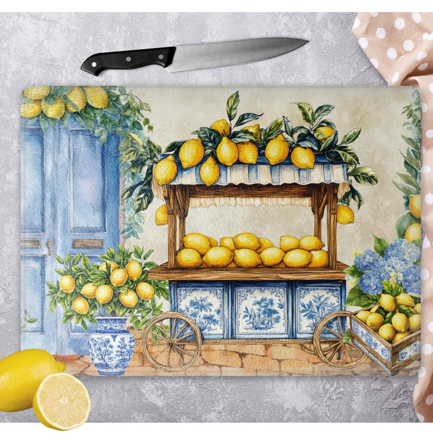 Whimsical Lemon Personalized Cutting Board - Mediterranean Tempered Glass Chopping Board for Cheese & Charcuterie, Functional Kitchen Art