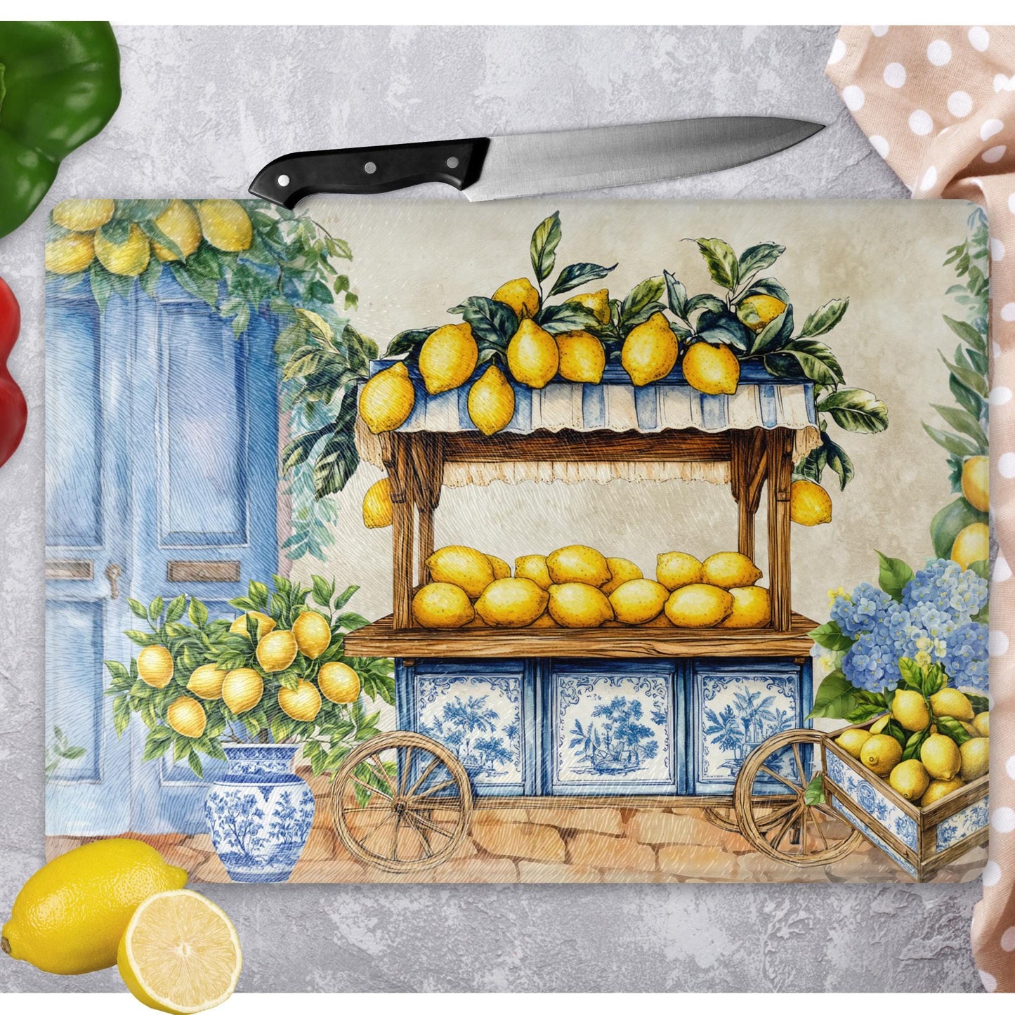 Whimsical Lemon Personalized Cutting Board - Mediterranean Tempered Glass Chopping Board for Cheese & Charcuterie, Functional Kitchen Art