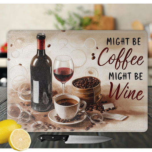 Whimsical Coffee and Wine Glass Cutting Board - Quote Art Tempered Glass Chopping Board for Cheese & Charcuterie, Functional Kitchen Art