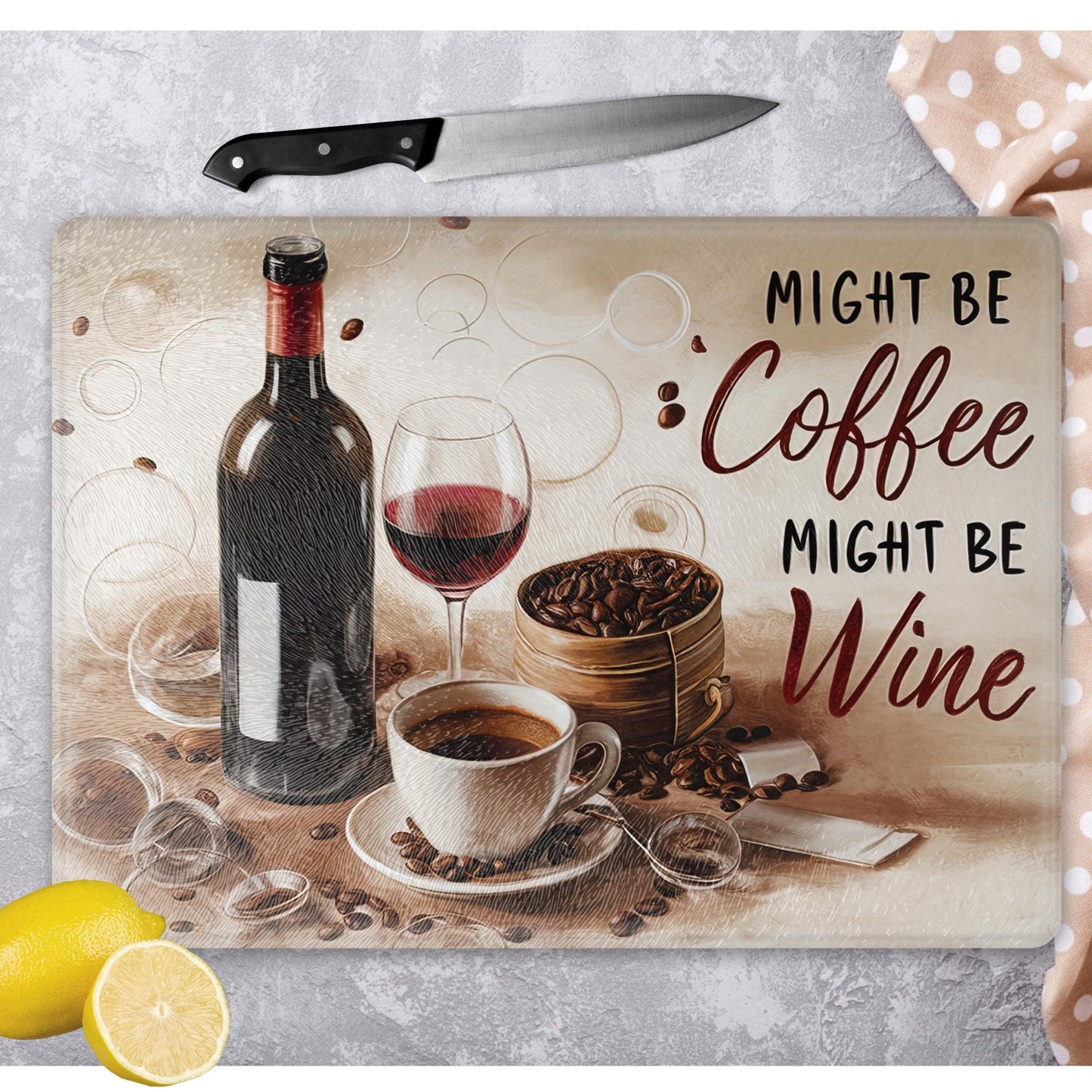 Whimsical Coffee and Wine Glass Cutting Board - Quote Art Tempered Glass Chopping Board for Cheese & Charcuterie, Functional Kitchen Art