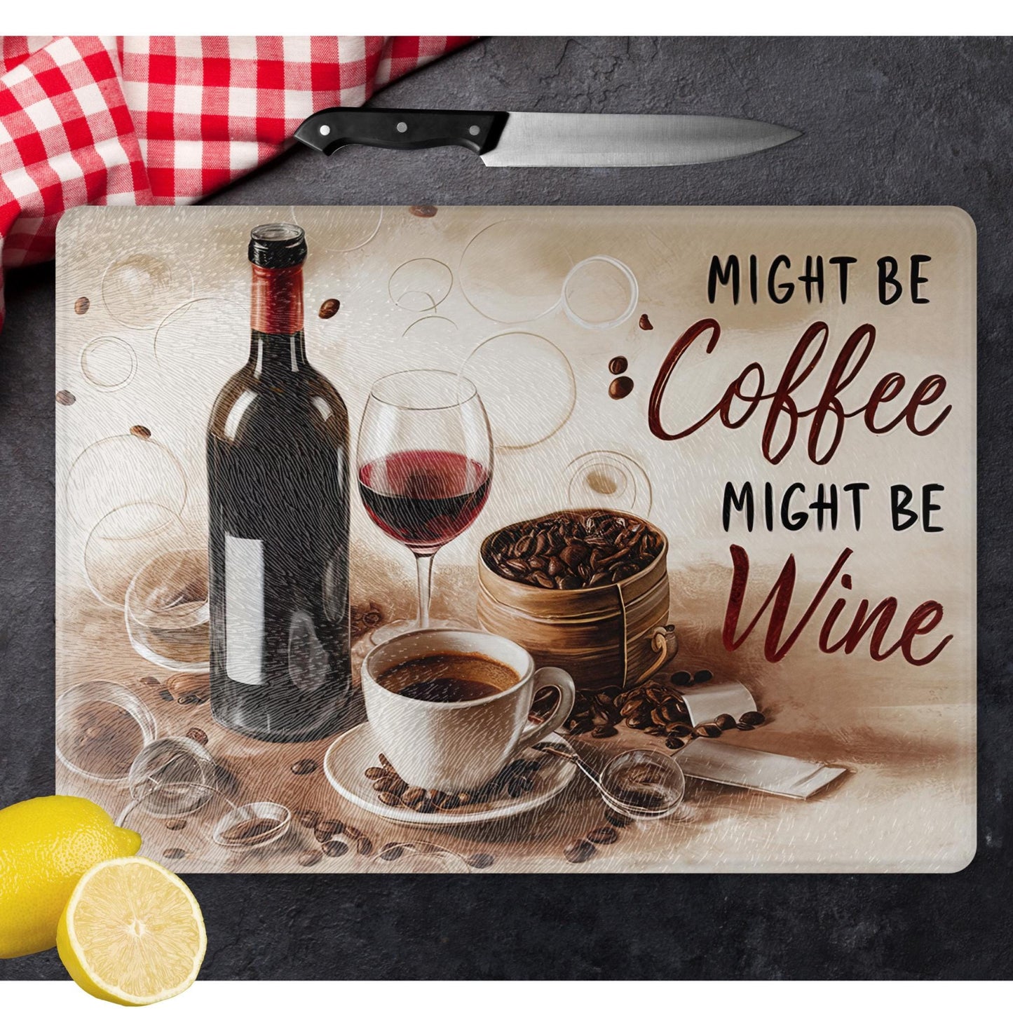 Whimsical Coffee and Wine Glass Cutting Board - Quote Art Tempered Glass Chopping Board for Cheese & Charcuterie, Functional Kitchen Art