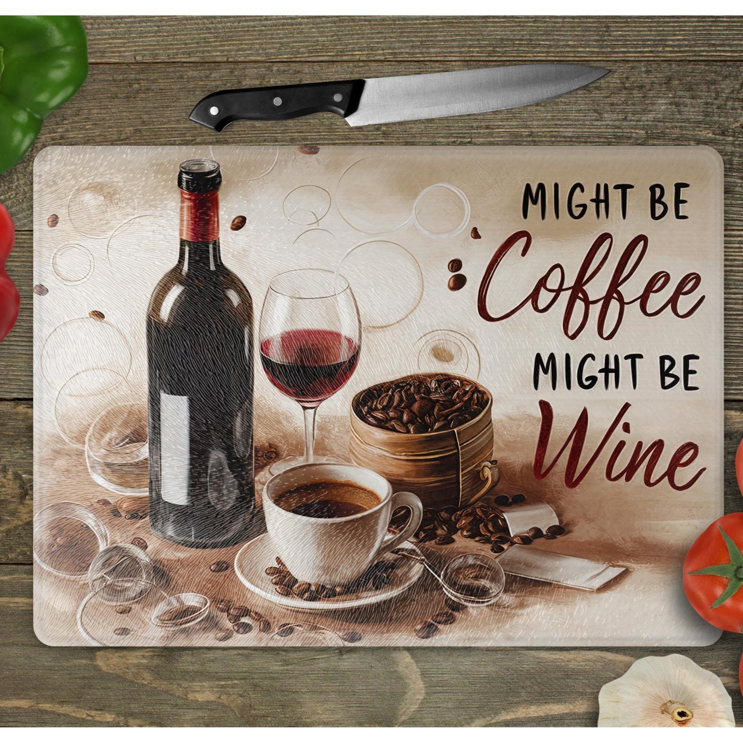 Whimsical Coffee and Wine Glass Cutting Board - Quote Art Tempered Glass Chopping Board for Cheese & Charcuterie, Functional Kitchen Art
