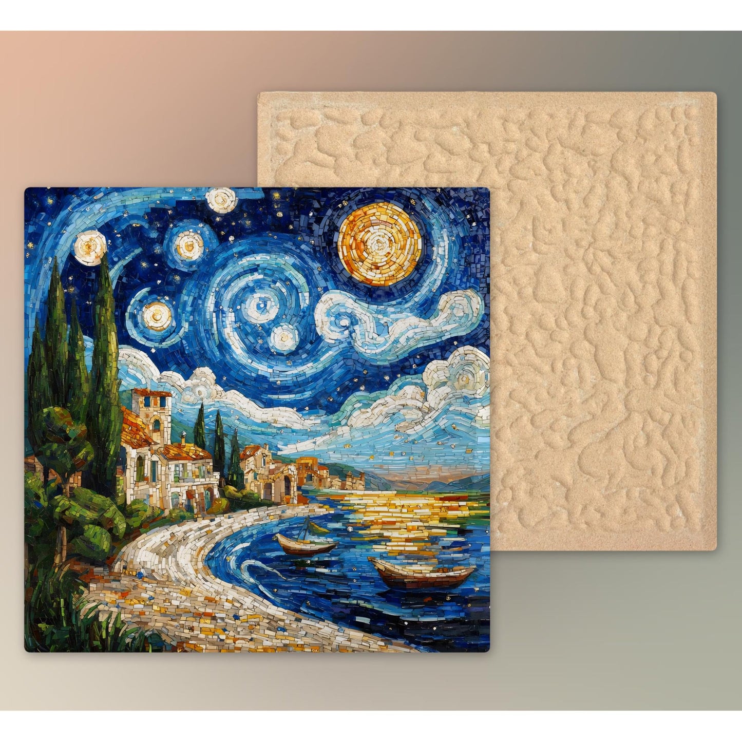 Starry Night Ceramic Art Tile, Stunning Mosaic Style Coastal Decor for Living Spaces, Perfect Housewarming Gift
