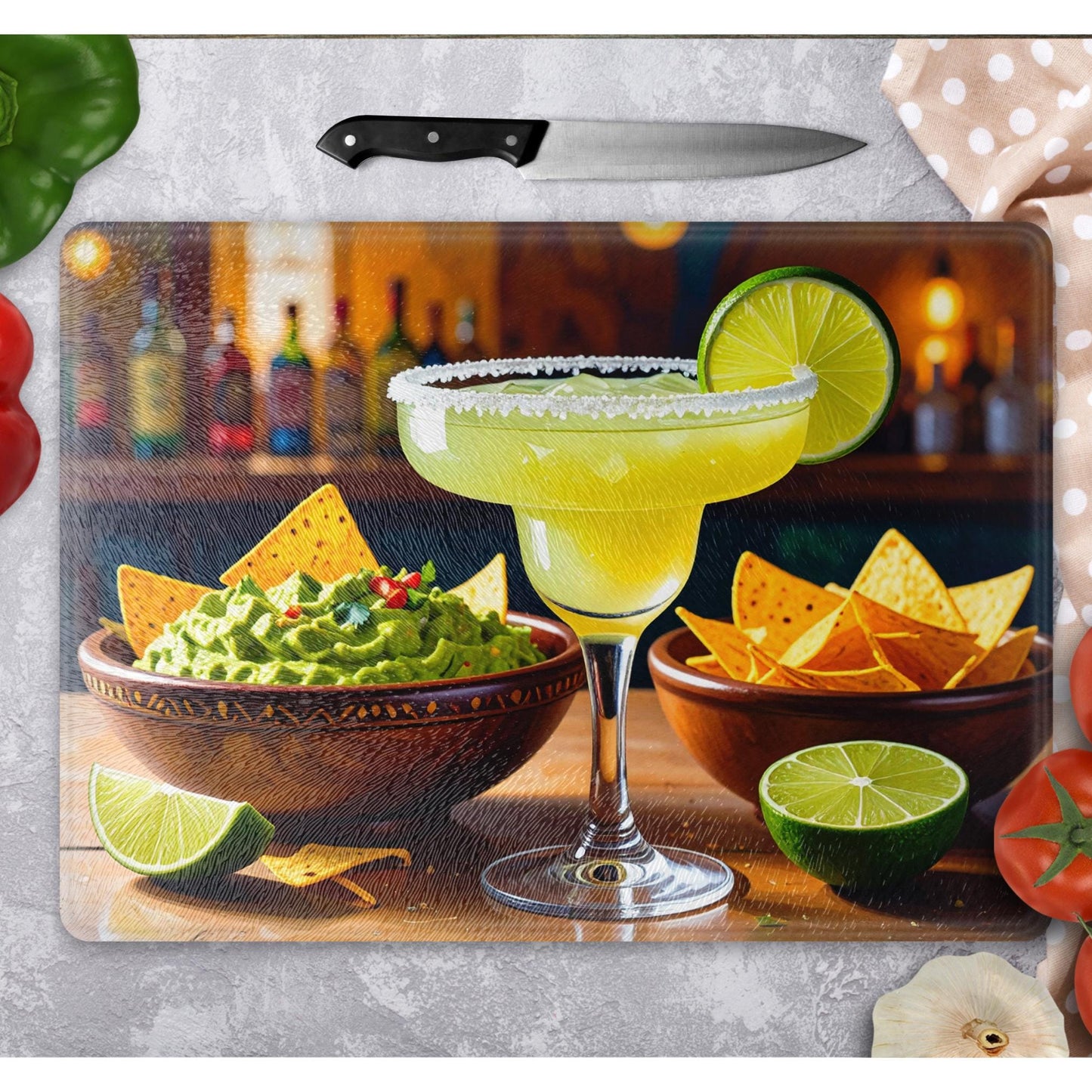 Cutting Board Home Decor Gift - Margarita with Guacamole and Chips Tempered Glass Chopping Board for Cheese & Charcuterie, Kitchen Art