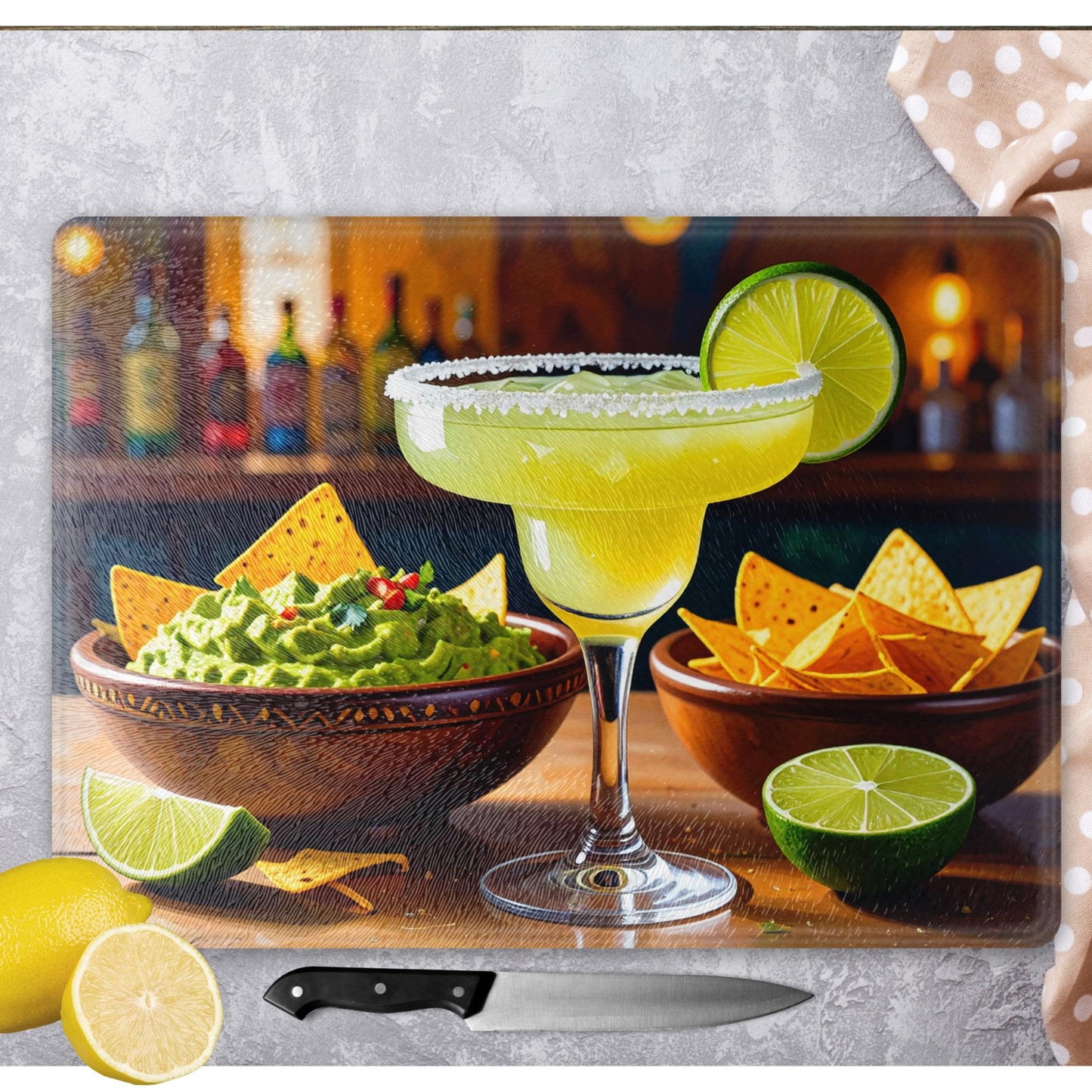 Cutting Board Home Decor Gift - Margarita with Guacamole and Chips Tempered Glass Chopping Board for Cheese & Charcuterie, Kitchen Art