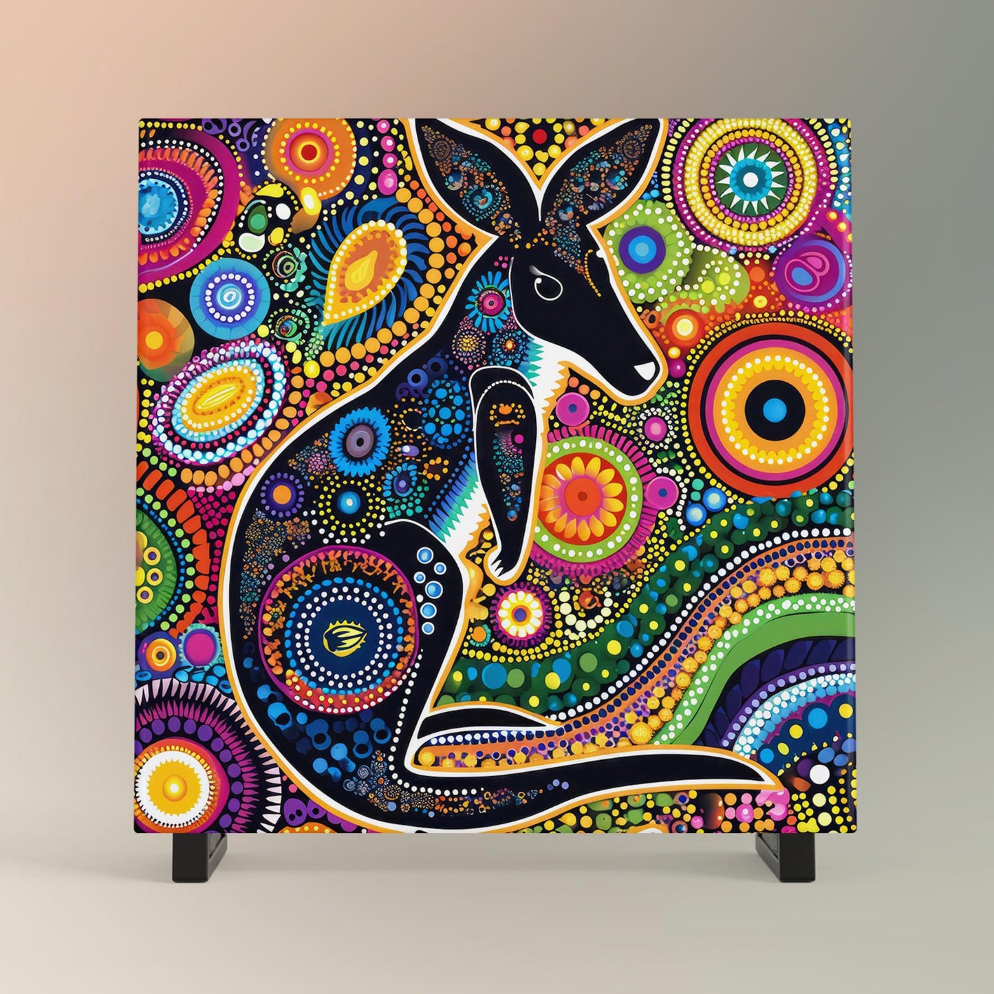 Aboriginal Inspired Kangaroo Ceramic Tile Art - Australian Outback Wall Artwork - Indigenous Dot Painting - Art and Culture Decor