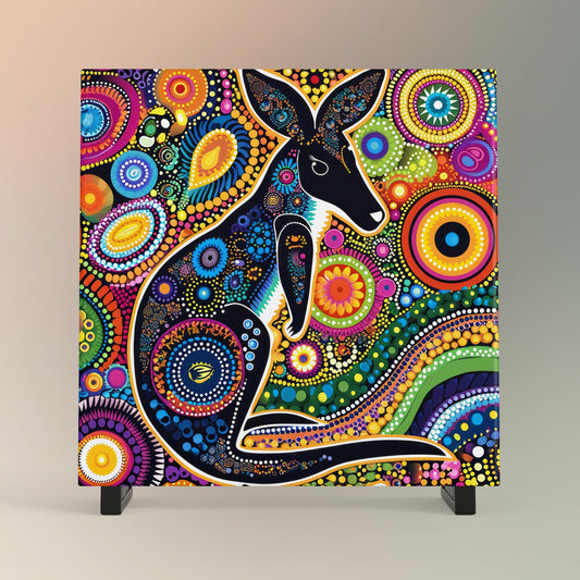 Aboriginal Inspired Kangaroo Ceramic Tile Art - Australian Outback Wall Artwork - Indigenous Dot Painting - Art and Culture Decor
