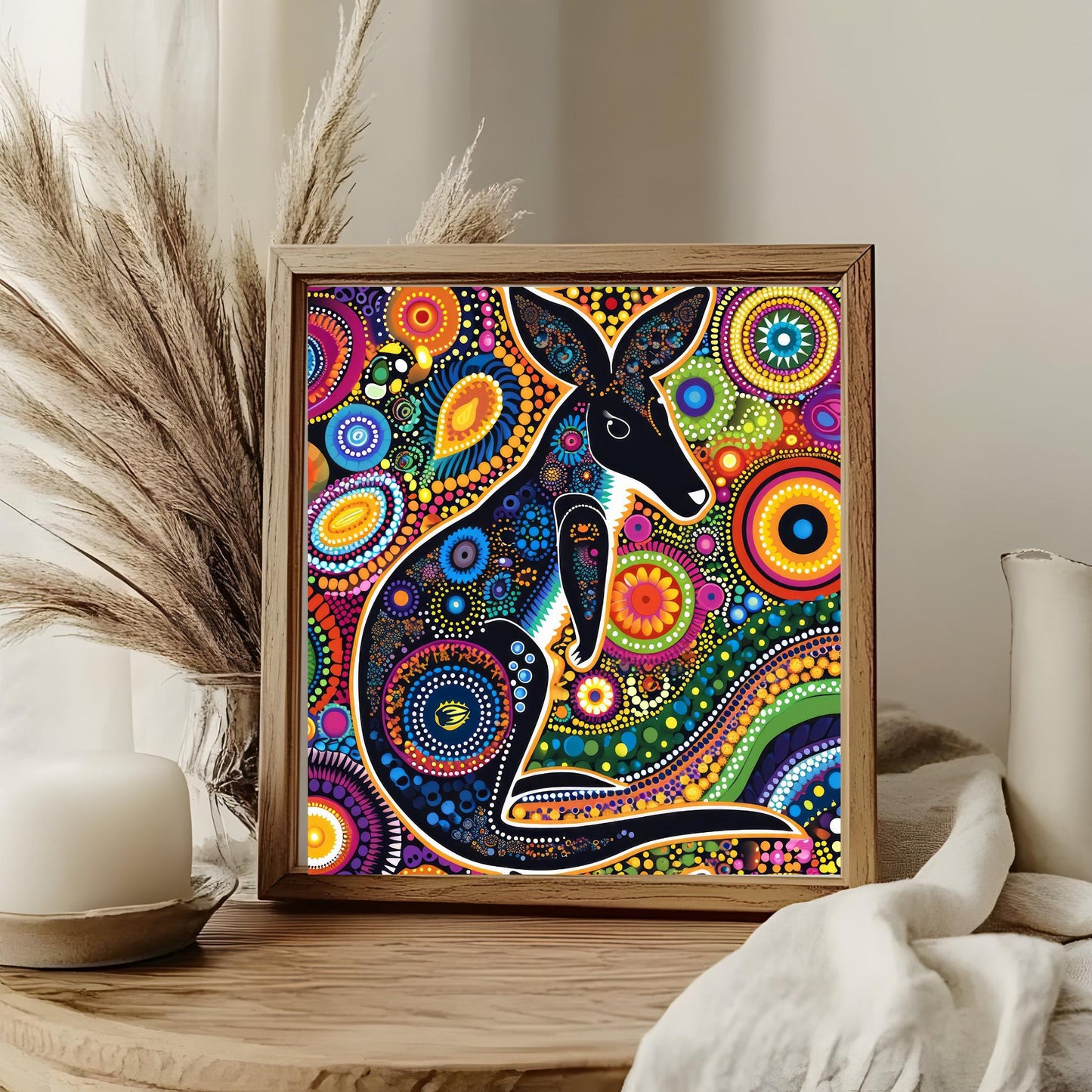 Aboriginal Inspired Kangaroo Ceramic Tile Art - Australian Outback Wall Artwork - Indigenous Dot Painting - Art and Culture Decor