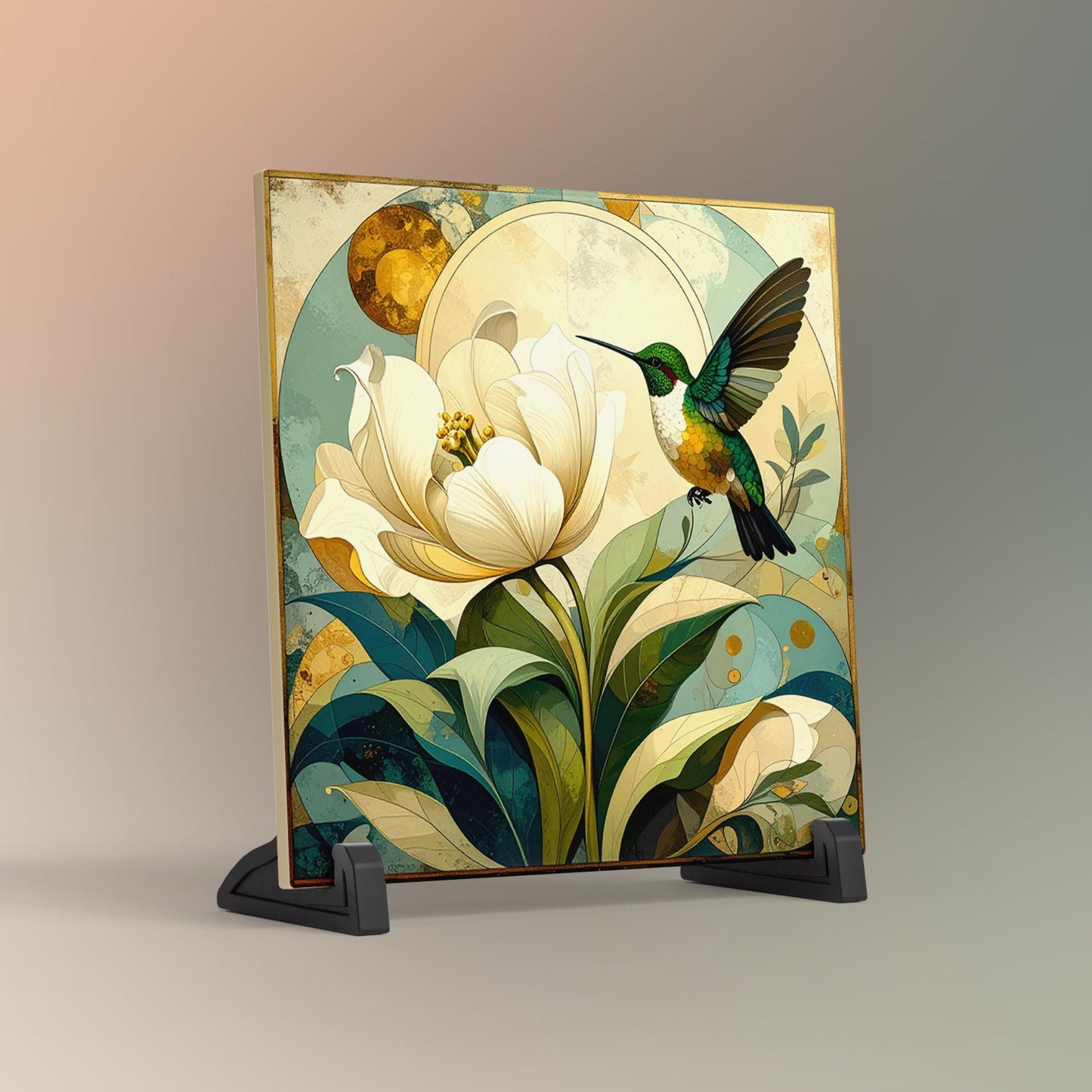 Hummingbird Art Ceramic Tile, Vibrant Floral Artwork, Decorative Wall Art for Bird and Flower Enthusiasts, Nature Lovers Kitchen Art