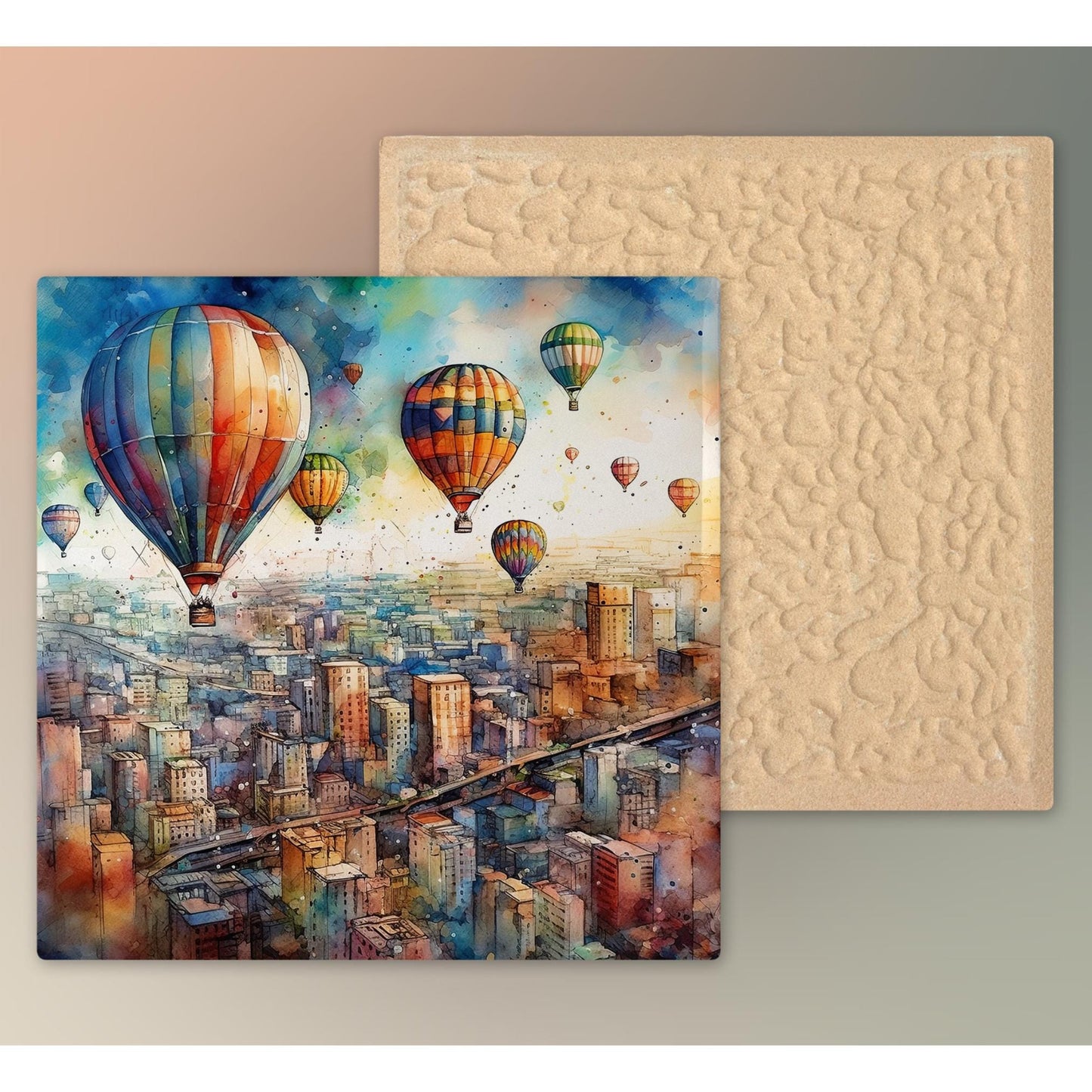 Watercolor Hot Air Balloon Ceramic Art Tile - Beautiful Cityscape Balloon Festival - Trendy Kitchen Art - Boho Home Decor