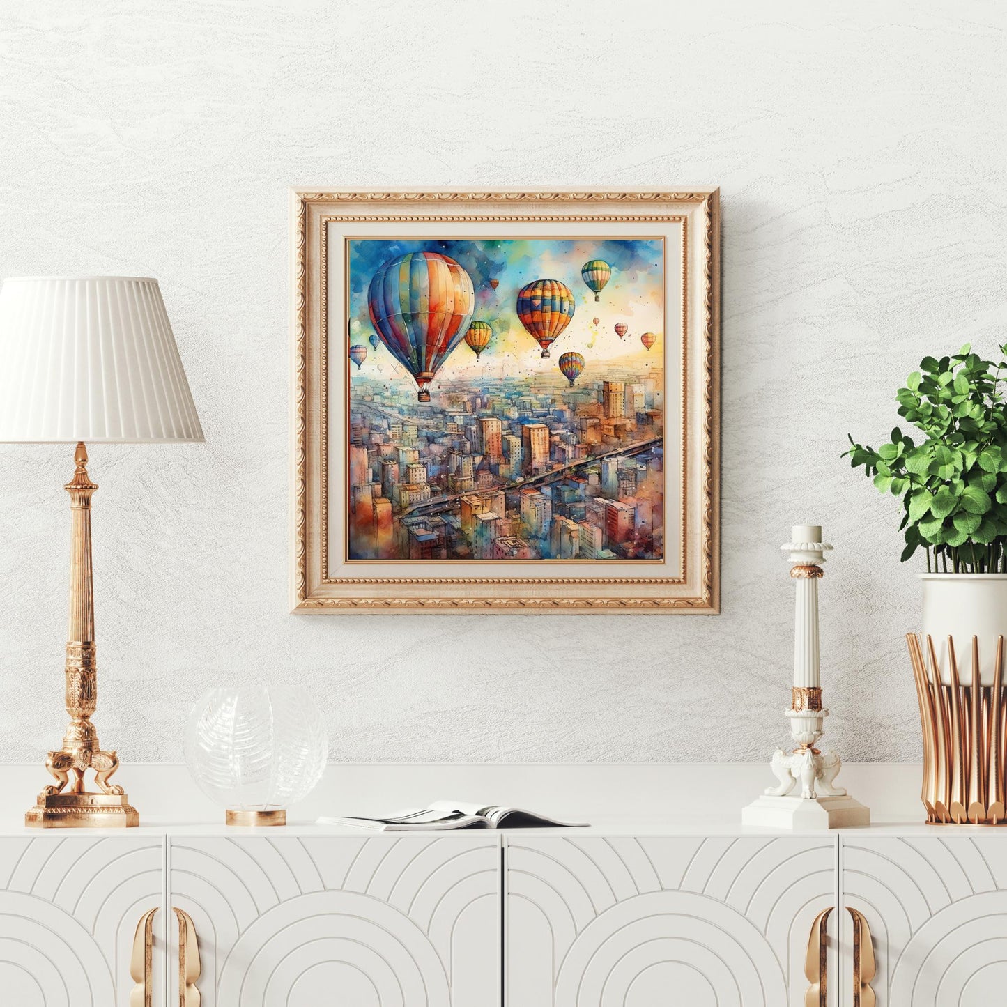 Watercolor Hot Air Balloon Ceramic Art Tile - Beautiful Cityscape Balloon Festival - Trendy Kitchen Art - Boho Home Decor