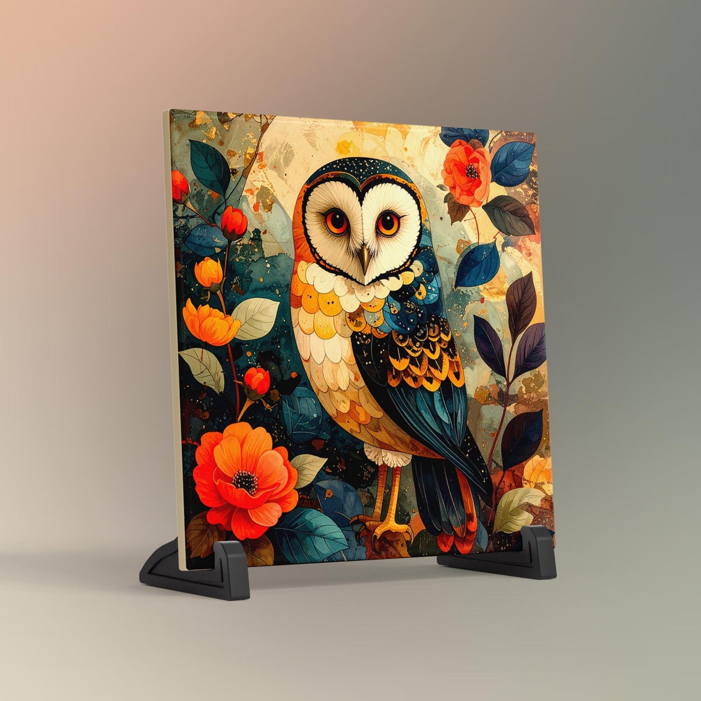 Whimsical Owl Folk Art Ceramic Tile - Unique Nature Lovers Decor - Minimalist Wall Hanging for Gift Giving - Artisan Home Wall Plaques