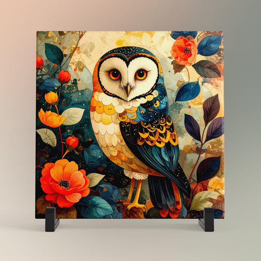 Whimsical Owl Folk Art Ceramic Tile - Unique Nature Lovers Decor - Minimalist Wall Hanging for Gift Giving - Artisan Home Wall Plaques
