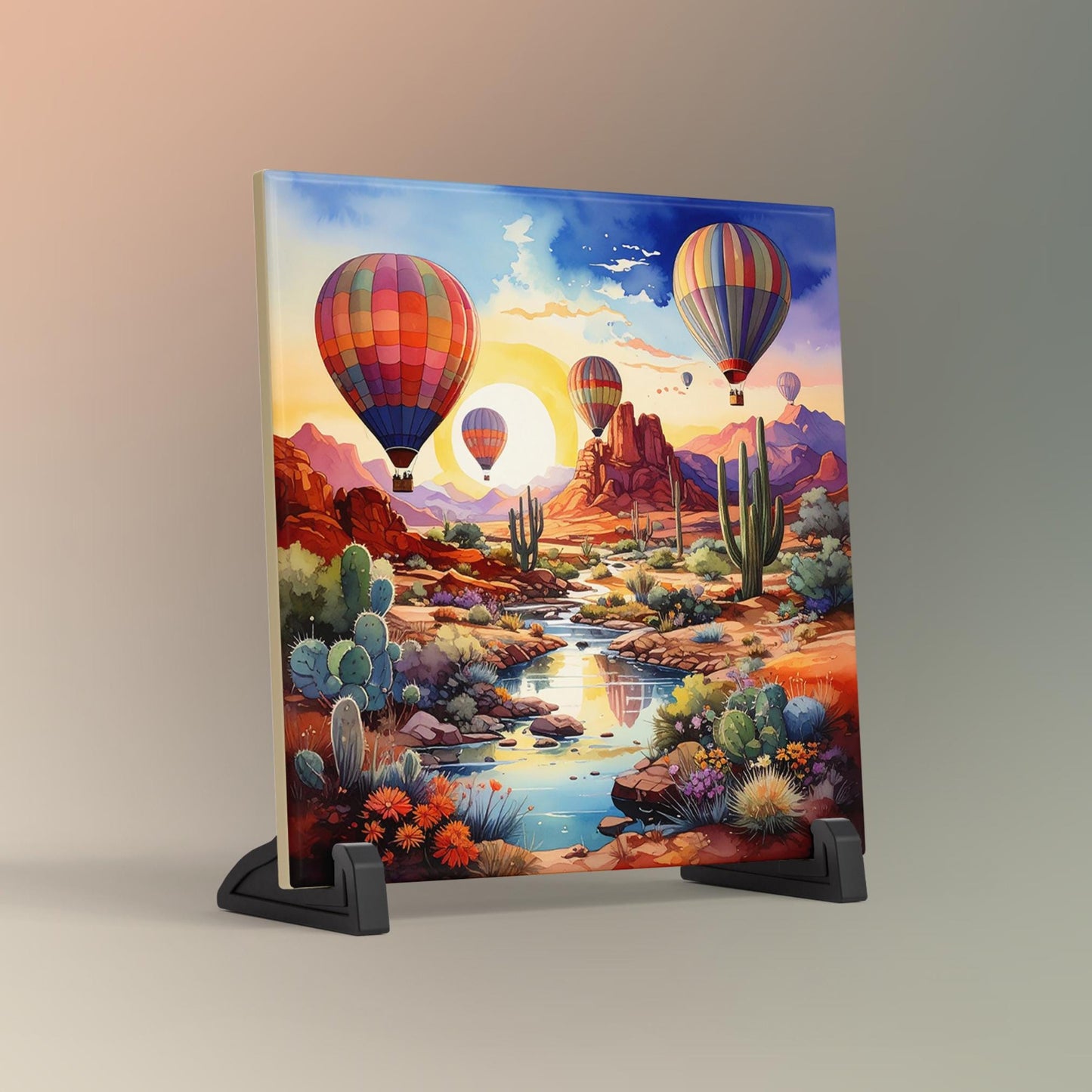 Hot Air Balloon Desert Oasis Ceramic Tile, Southwest Art,  Handmade Ceramic Wall Decor for Unique Home Accent, Perfect Nature Inspired Gift