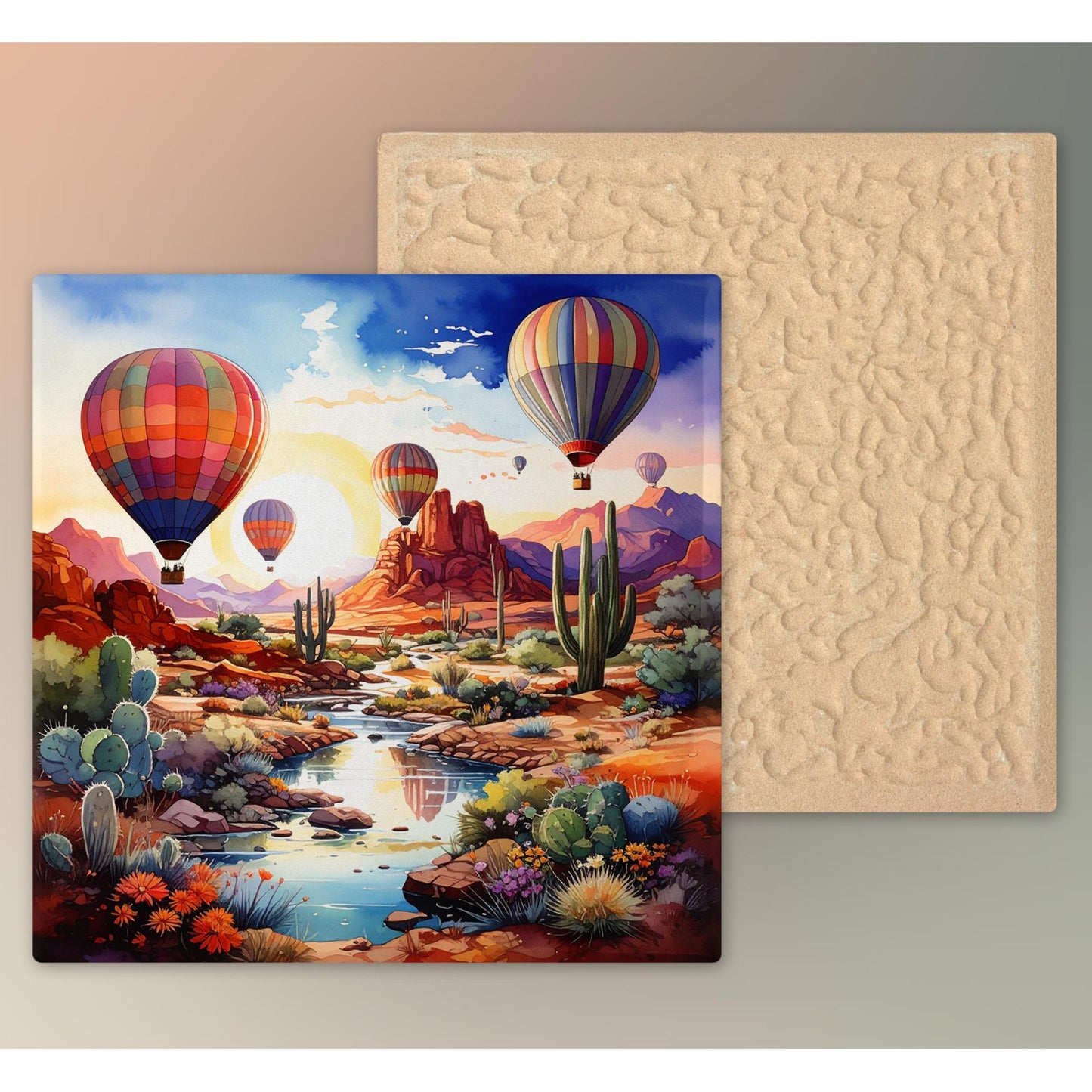 Hot Air Balloon Desert Oasis Ceramic Tile, Southwest Art,  Handmade Ceramic Wall Decor for Unique Home Accent, Perfect Nature Inspired Gift