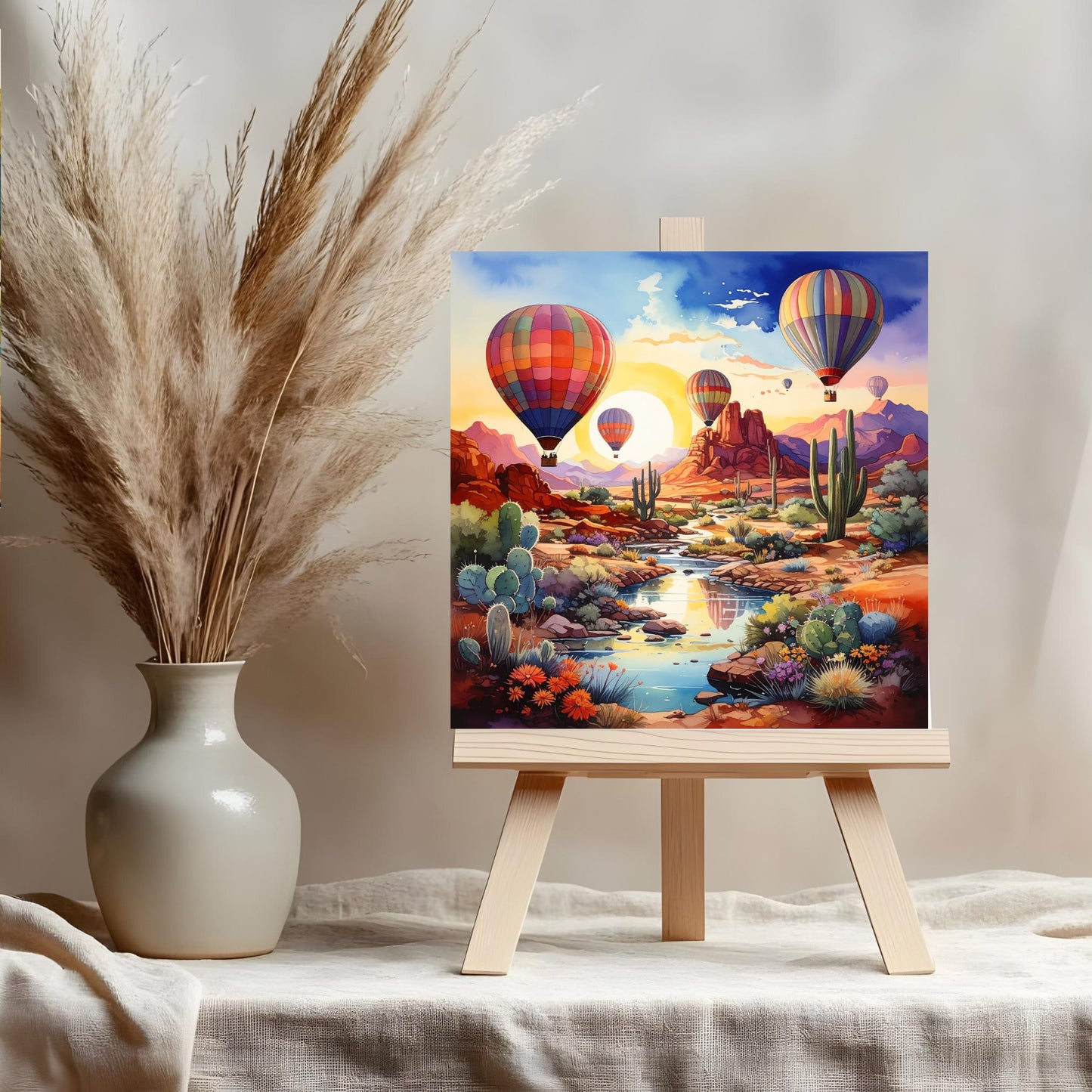 Hot Air Balloon Desert Oasis Ceramic Tile, Southwest Art,  Handmade Ceramic Wall Decor for Unique Home Accent, Perfect Nature Inspired Gift