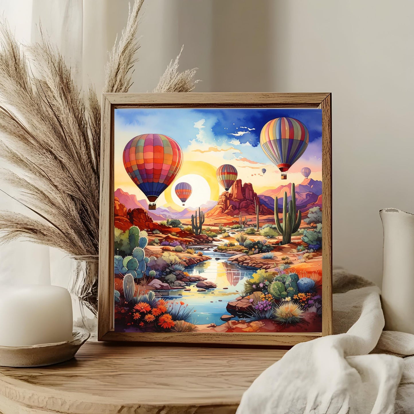 Hot Air Balloon Desert Oasis Ceramic Tile, Southwest Art,  Handmade Ceramic Wall Decor for Unique Home Accent, Perfect Nature Inspired Gift