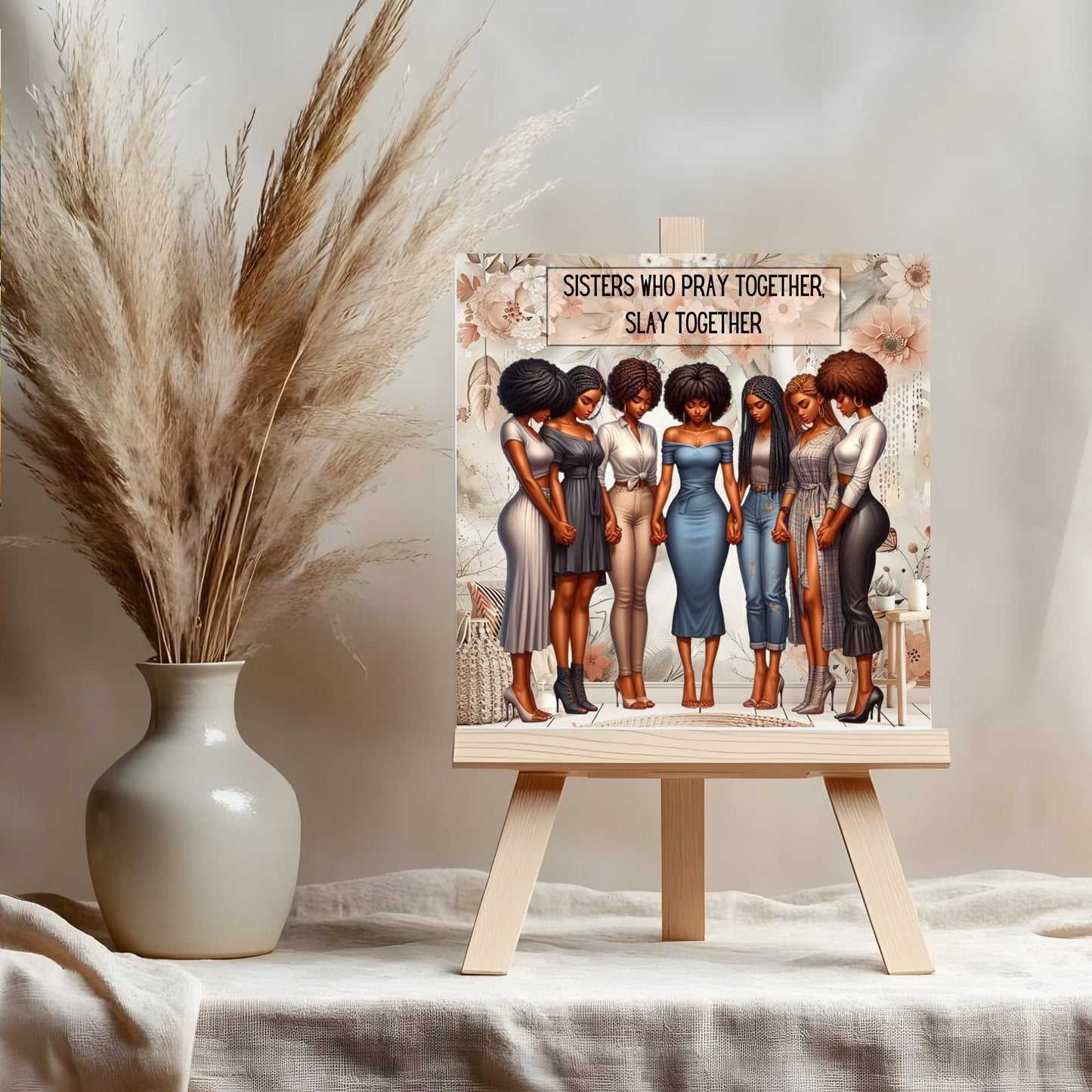 Black Woman Art Ceramic Tile - Quote Art - Black Wall Art -Boho Print - African American Woman - Sisters Who Pray Together, Ceramic Plaque