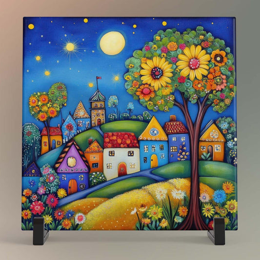 Whimsical Village Streetscape Ceramic Tile, Handmade Ceramic Wall Decor for Unique Home Accent, Perfect Nature Inspired Gift