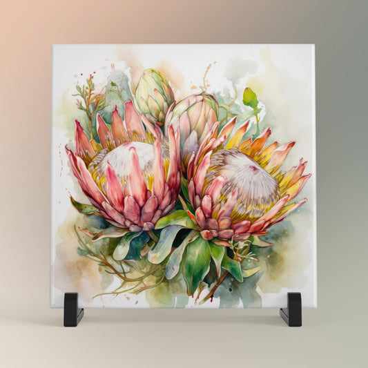 Whimsical Protea Ceramic Art Tile | Watercolor Wall Decor | Spring Home Decor | Floral Art | Flowers | Wall Tile | Gift for Mom