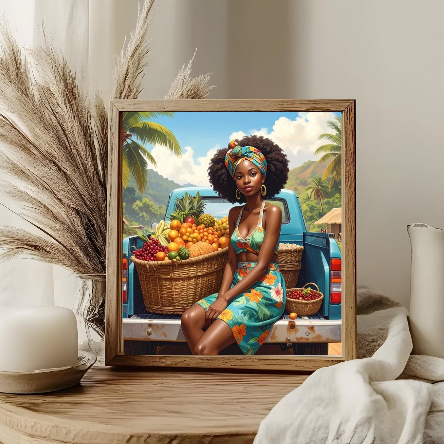 Black Woman with Fruit Ceramic Tile,  Trendy Wall Art Black Girl Art, Black Woman Wall Art, Black Girl Poster Art, African American Art