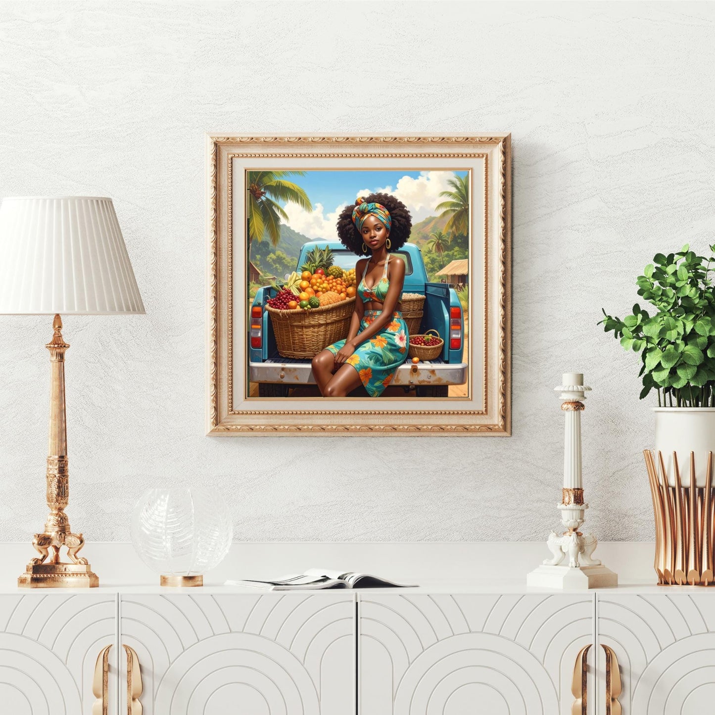 Black Woman with Fruit Ceramic Tile,  Trendy Wall Art Black Girl Art, Black Woman Wall Art, Black Girl Poster Art, African American Art