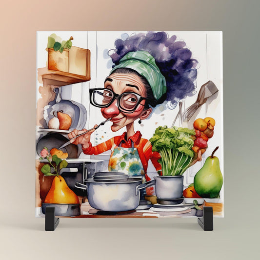 Quirky Cook Ceramic Tile Art, Funny Grandma Kitchen Decor, Stylish Trivet Option, Gift for Mom Home Chef