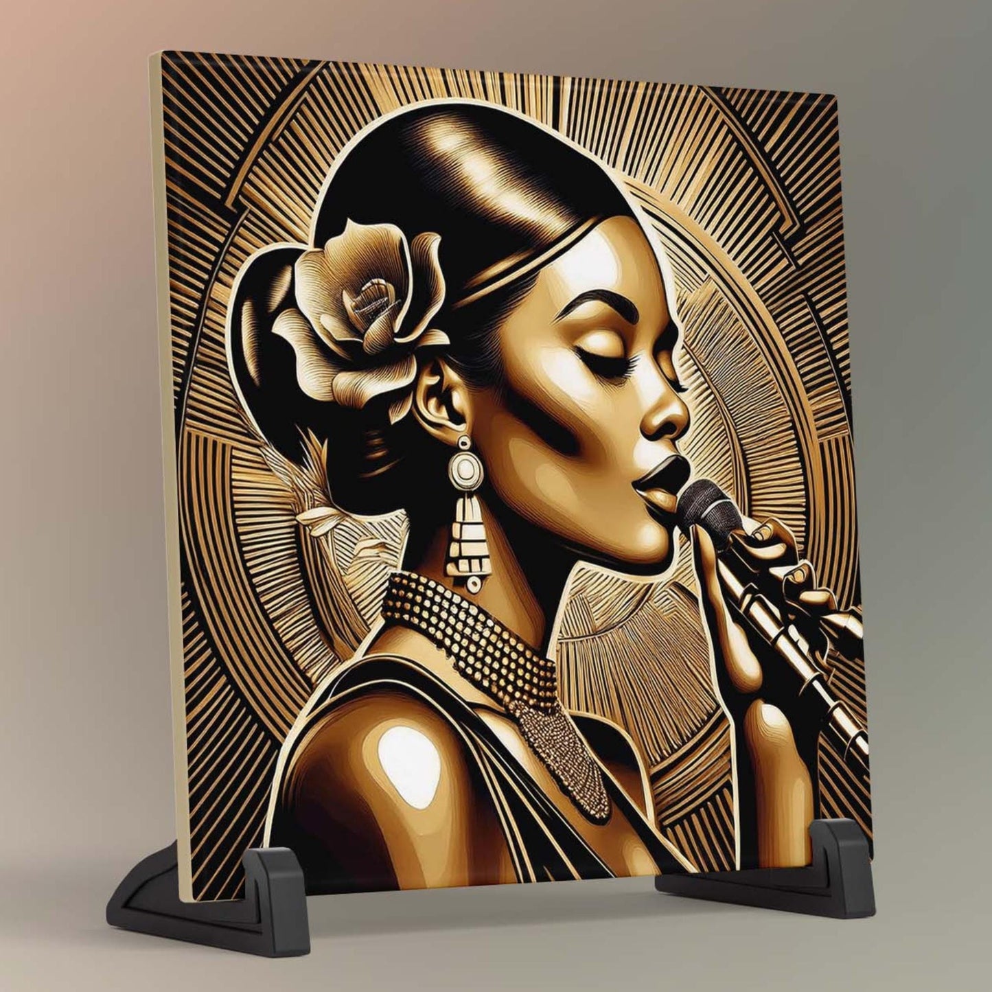 Black Woman Art Ceramic Tile -  Art Nouveau Sultry Jazz Singer - Art Deco  Stunning Black and Gold Decorative Wall Hanging - Black Art