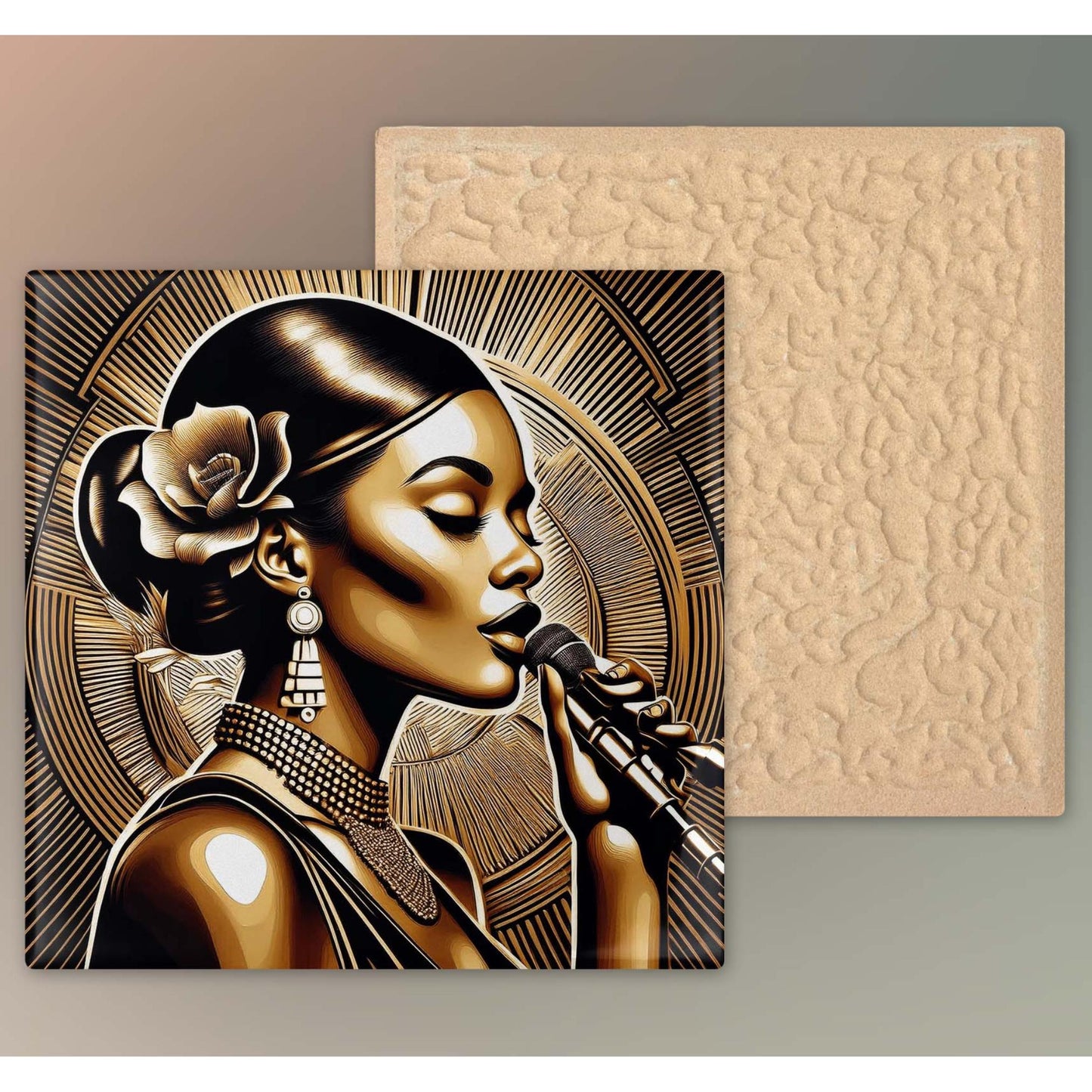 Black Woman Art Ceramic Tile -  Art Nouveau Sultry Jazz Singer - Art Deco  Stunning Black and Gold Decorative Wall Hanging - Black Art