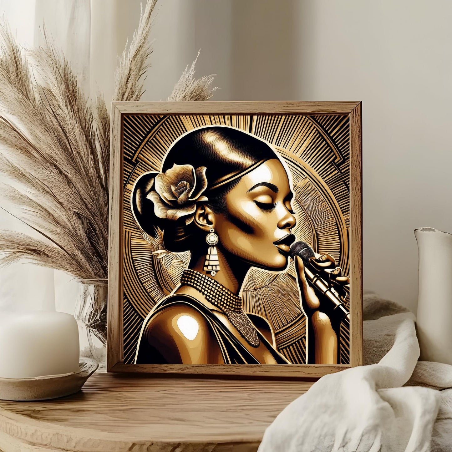 Black Woman Art Ceramic Tile -  Art Nouveau Sultry Jazz Singer - Art Deco  Stunning Black and Gold Decorative Wall Hanging - Black Art