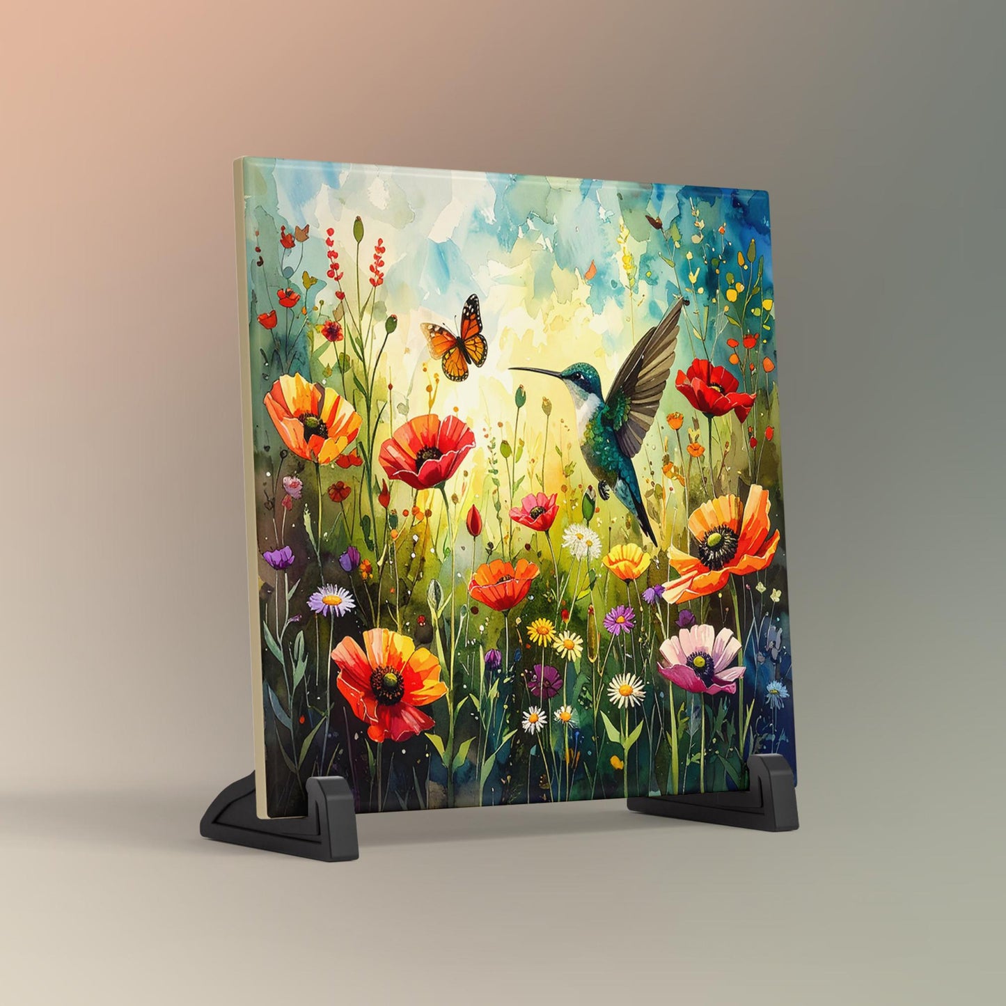 Wildflower and Hummingbirds Ceramic Art Tile | Wall Decor | Spring Home Decor | Floral Art | Whimsical Flowers | Wall Tile | Gift for Mom