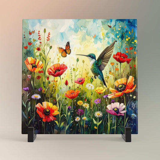 Wildflower and Hummingbirds Ceramic Art Tile | Wall Decor | Spring Home Decor | Floral Art | Whimsical Flowers | Wall Tile | Gift for Mom