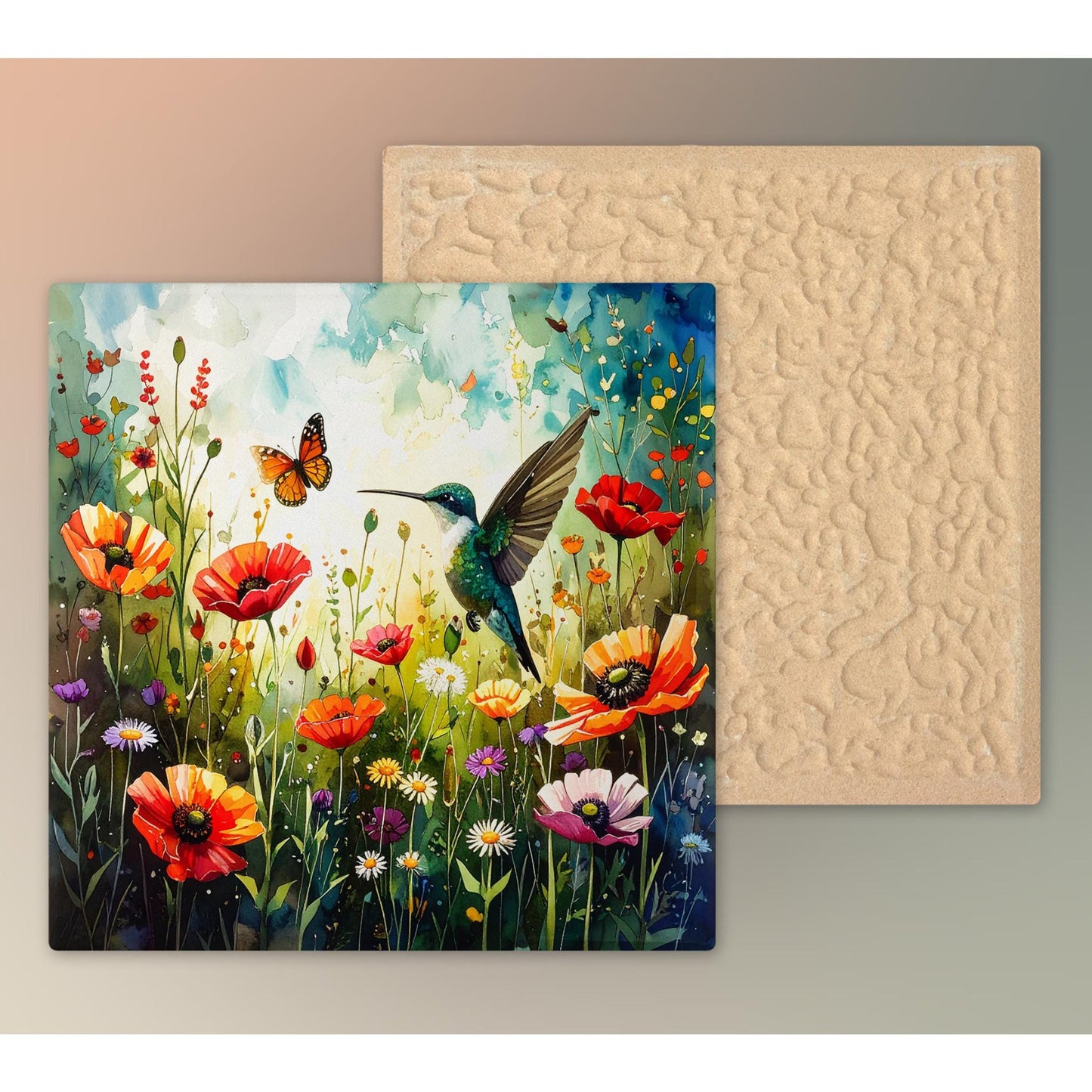 Wildflower and Hummingbirds Ceramic Art Tile | Wall Decor | Spring Home Decor | Floral Art | Whimsical Flowers | Wall Tile | Gift for Mom