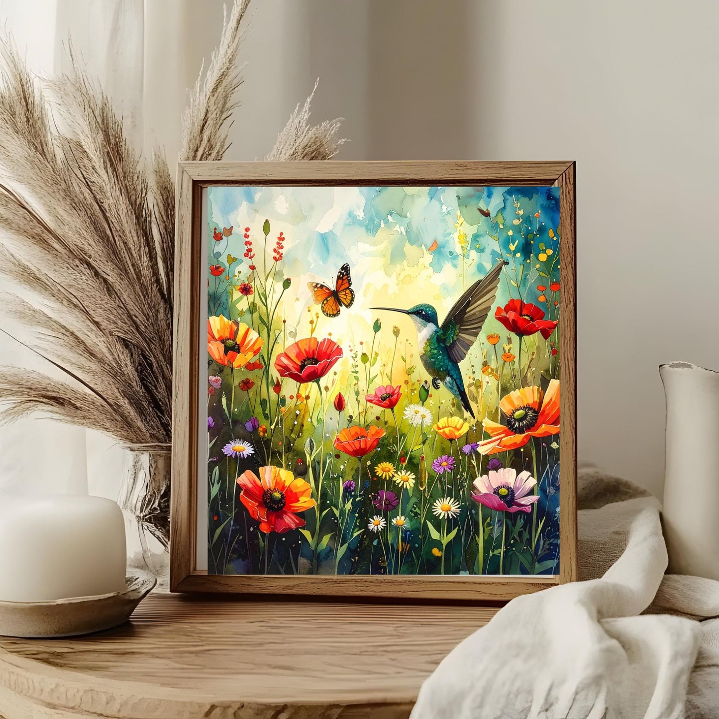 Wildflower and Hummingbirds Ceramic Art Tile | Wall Decor | Spring Home Decor | Floral Art | Whimsical Flowers | Wall Tile | Gift for Mom