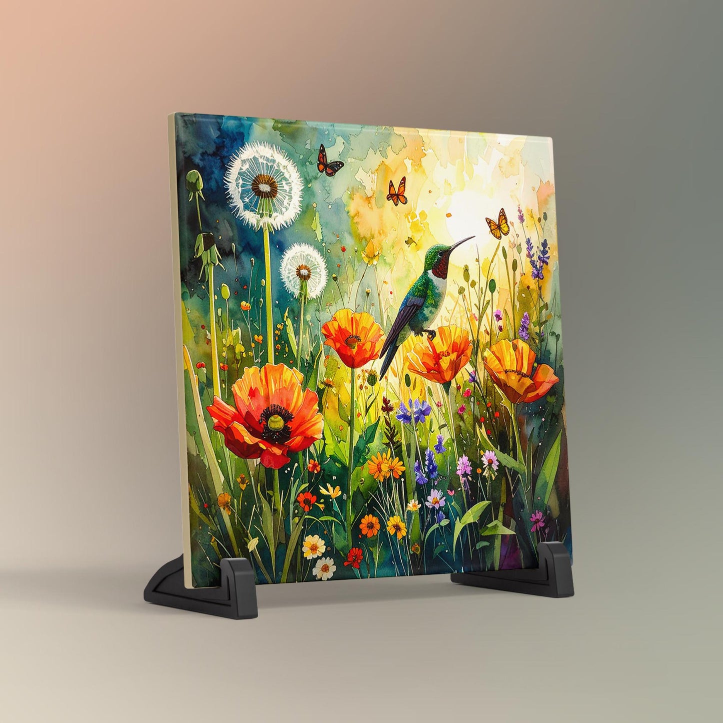 Wildflower and Hummingbird Ceramic Art Tile | Wall Decor | Spring Home Decor | Floral Art | Whimsical Flowers | Wall Tile | Gift for Mom